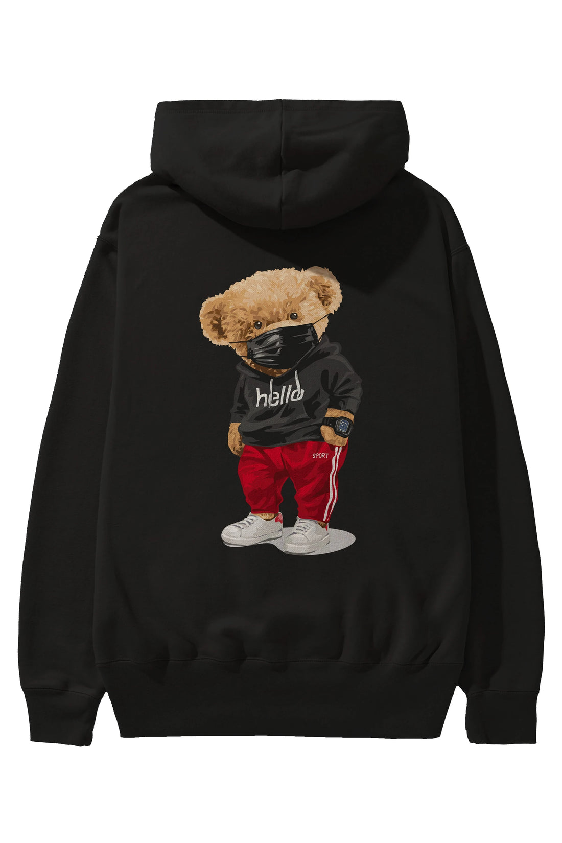 Teddy Bear Hello Sport Arka Baskılı Hoodie Oversize Kapüşonlu Sweatshirt Erkek Kadın Unisex