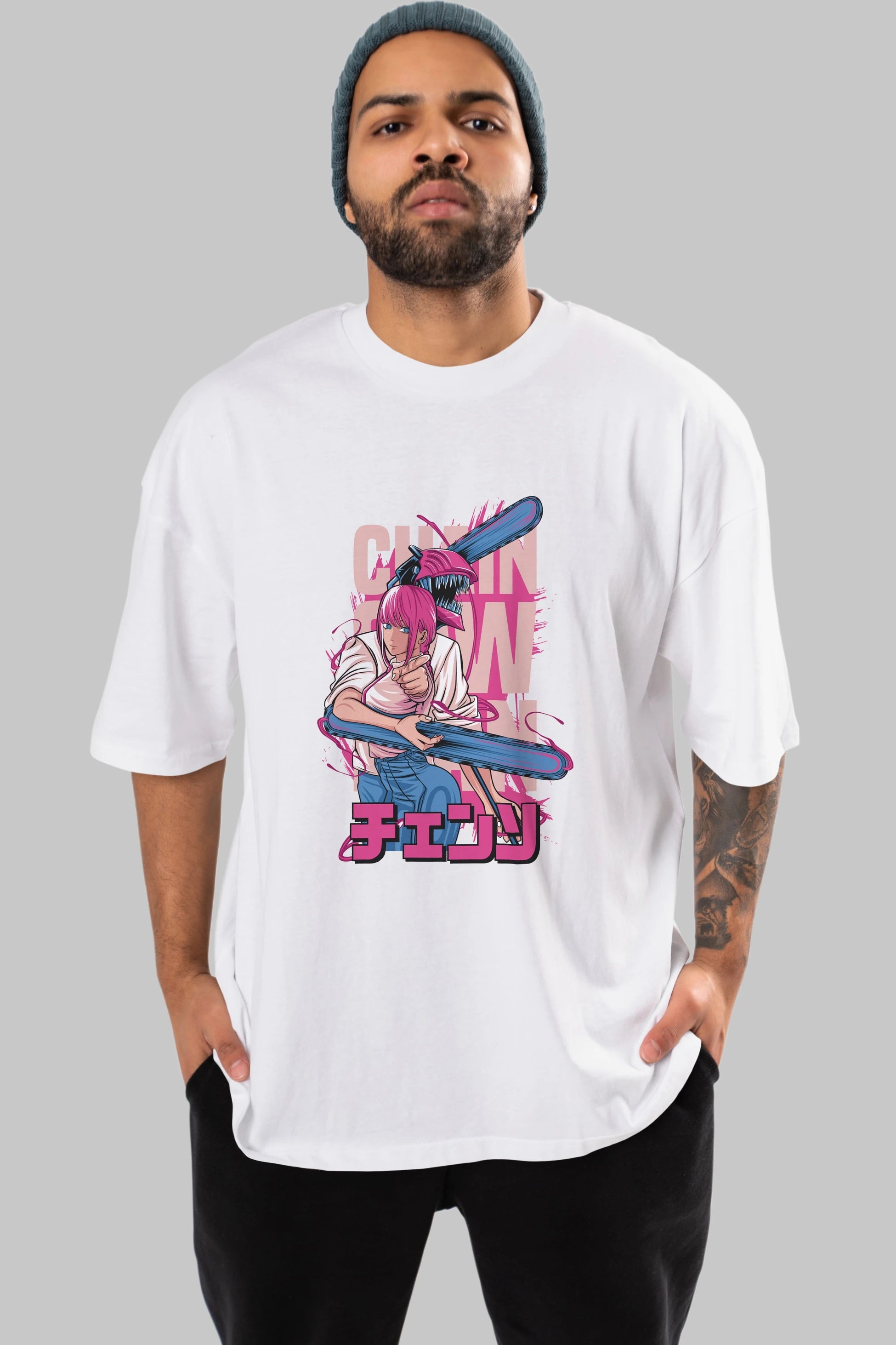 DENJI and MAKIMA Anime Ön Baskılı Oversize t-shirt %100 pamuk Erkek Kadın Unisex