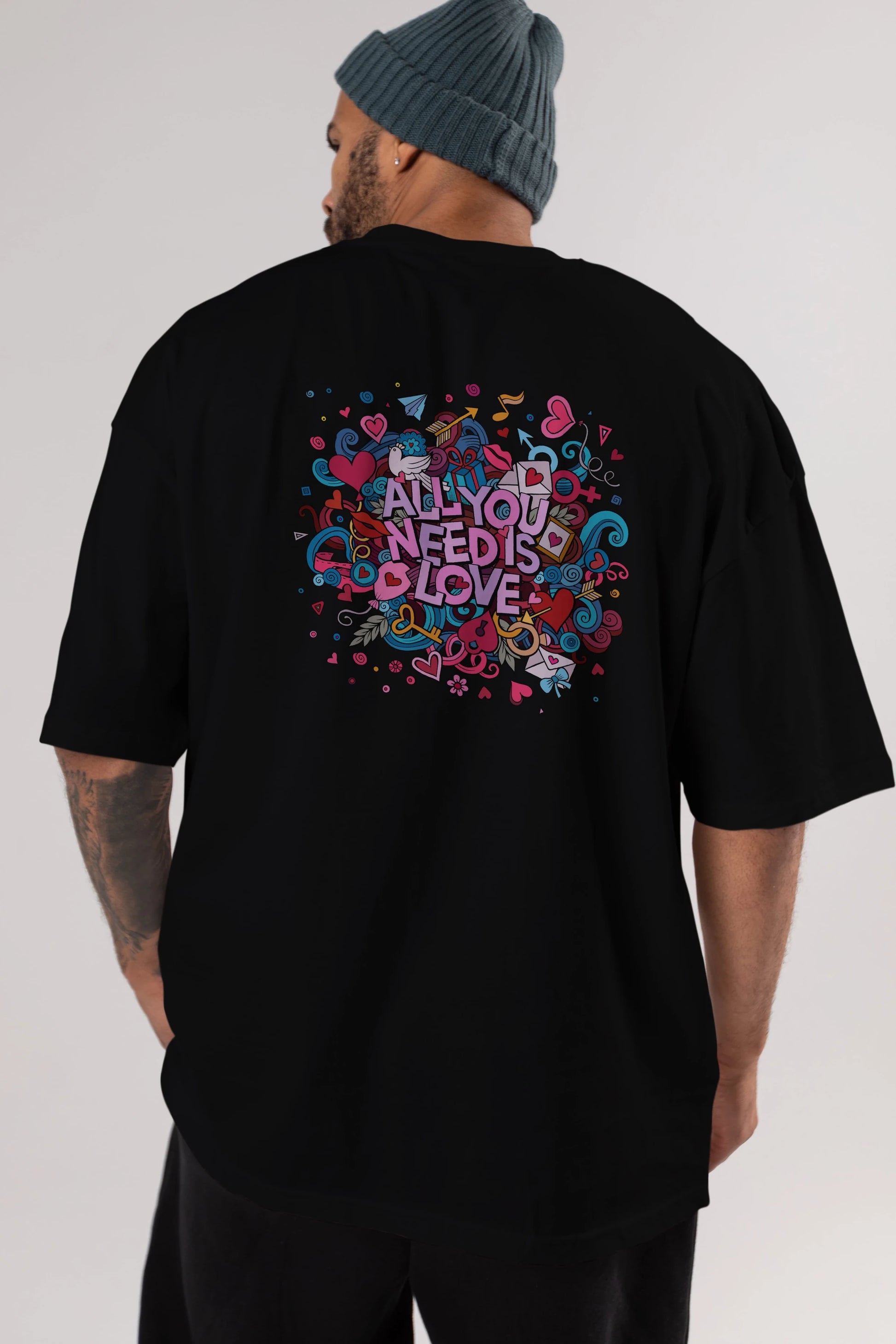 Cute Fun Colorful Heart Art Love Arka Baskılı Oversize t-shirt Erkek Kadın Unisex