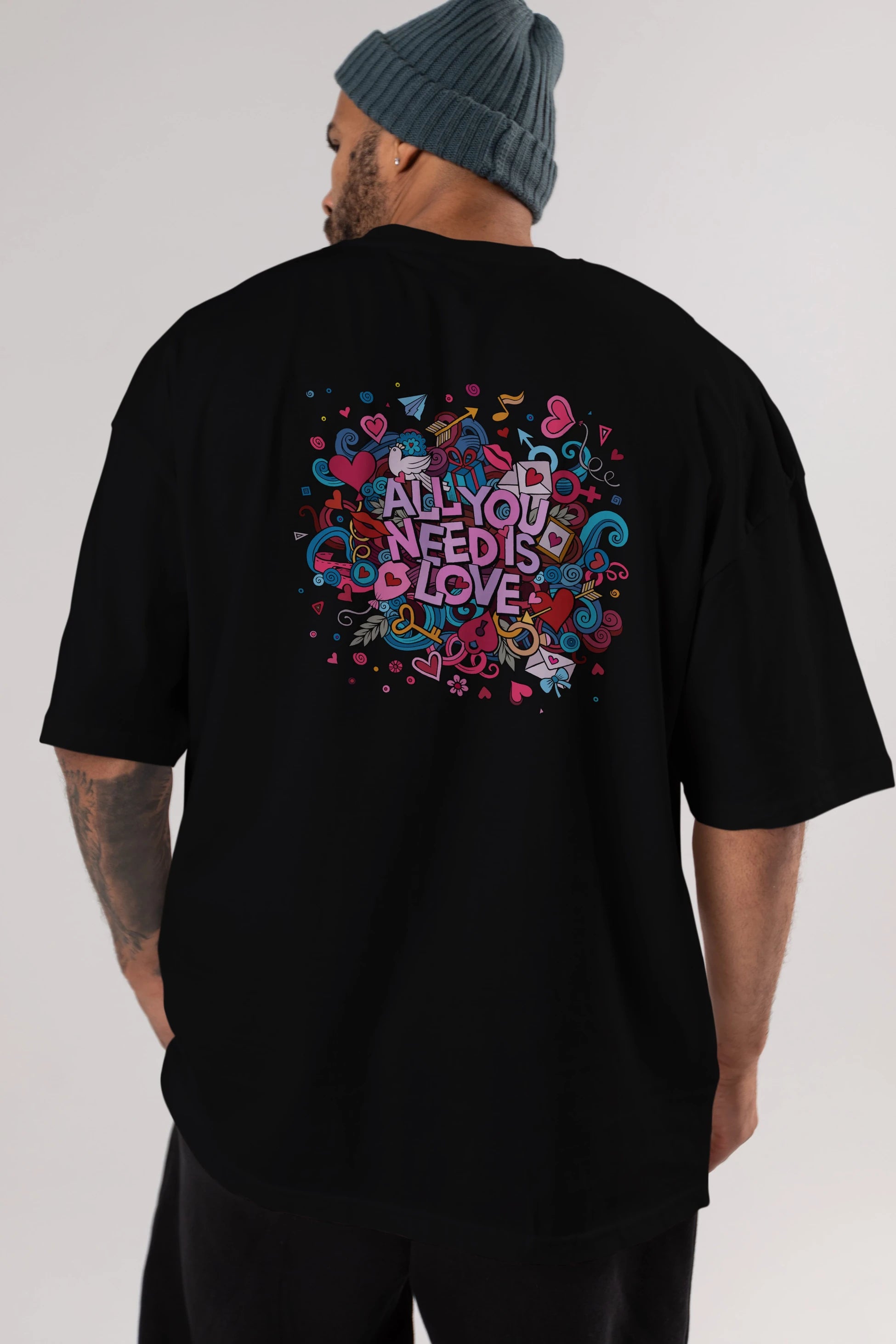 Cute Fun Colorful Heart Art Love Arka Baskılı Oversize t-shirt Erkek Kadın Unisex
