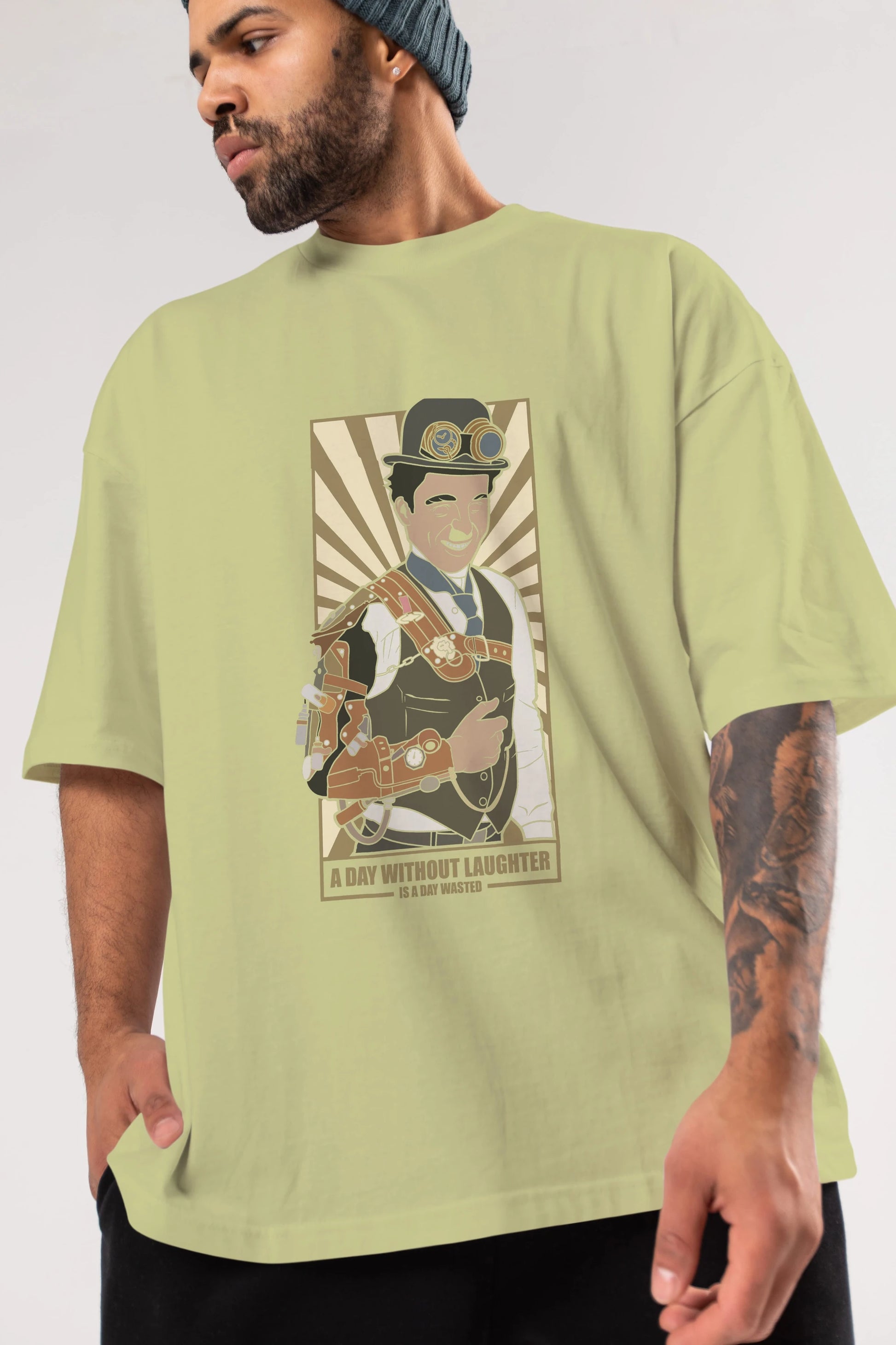 Steampunk Chaplin Ön Baskılı Oversize t-shirt Erkek Kadın Unisex %100 Pamuk tişort
