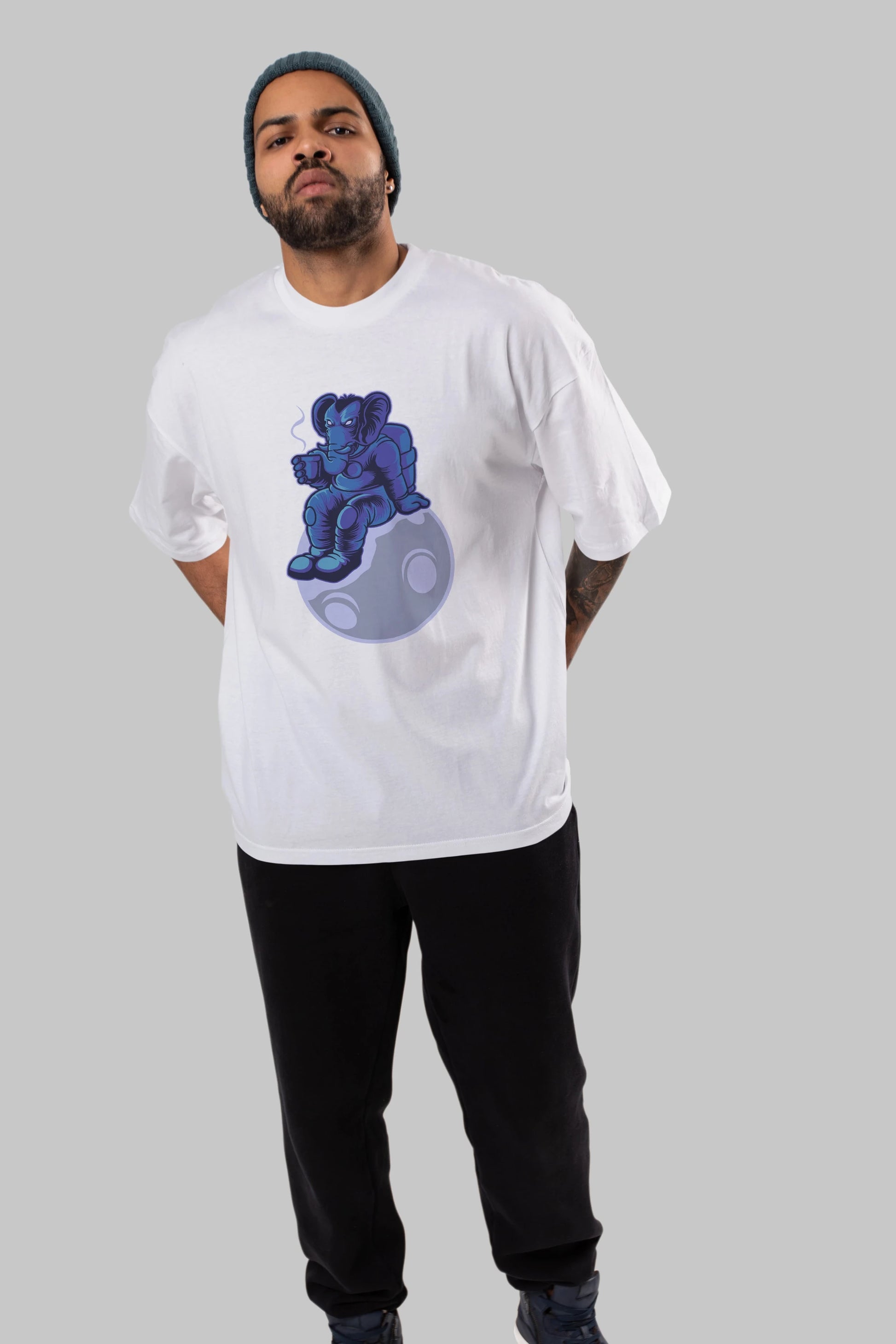Space Elephant Drink Coffee Ön Baskılı Oversize t-shirt Erkek Kadın Unisex