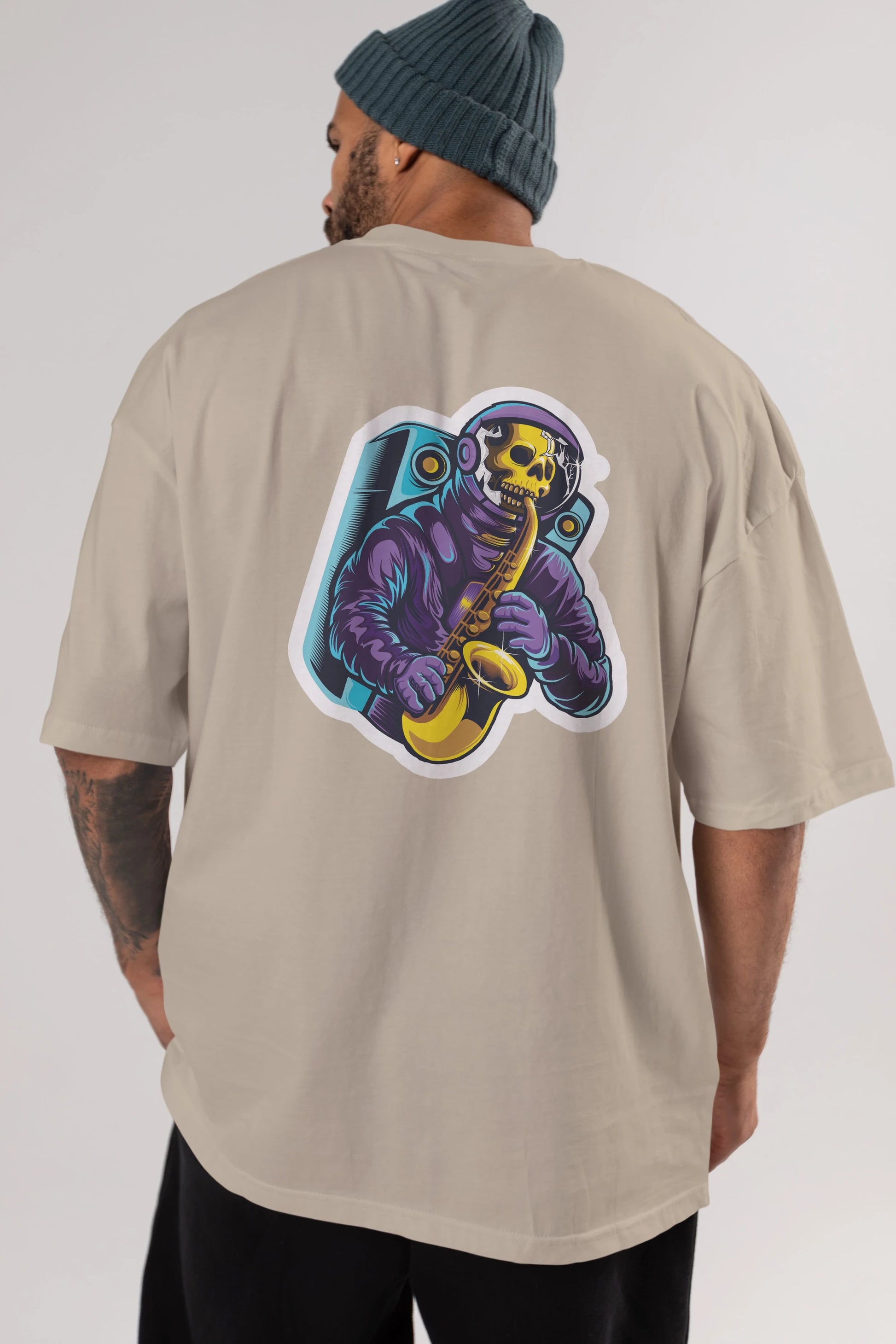 Astroskull Saxophonist Sticker Arka Baskılı Oversize t-shirt Erkek Kadın Unisex