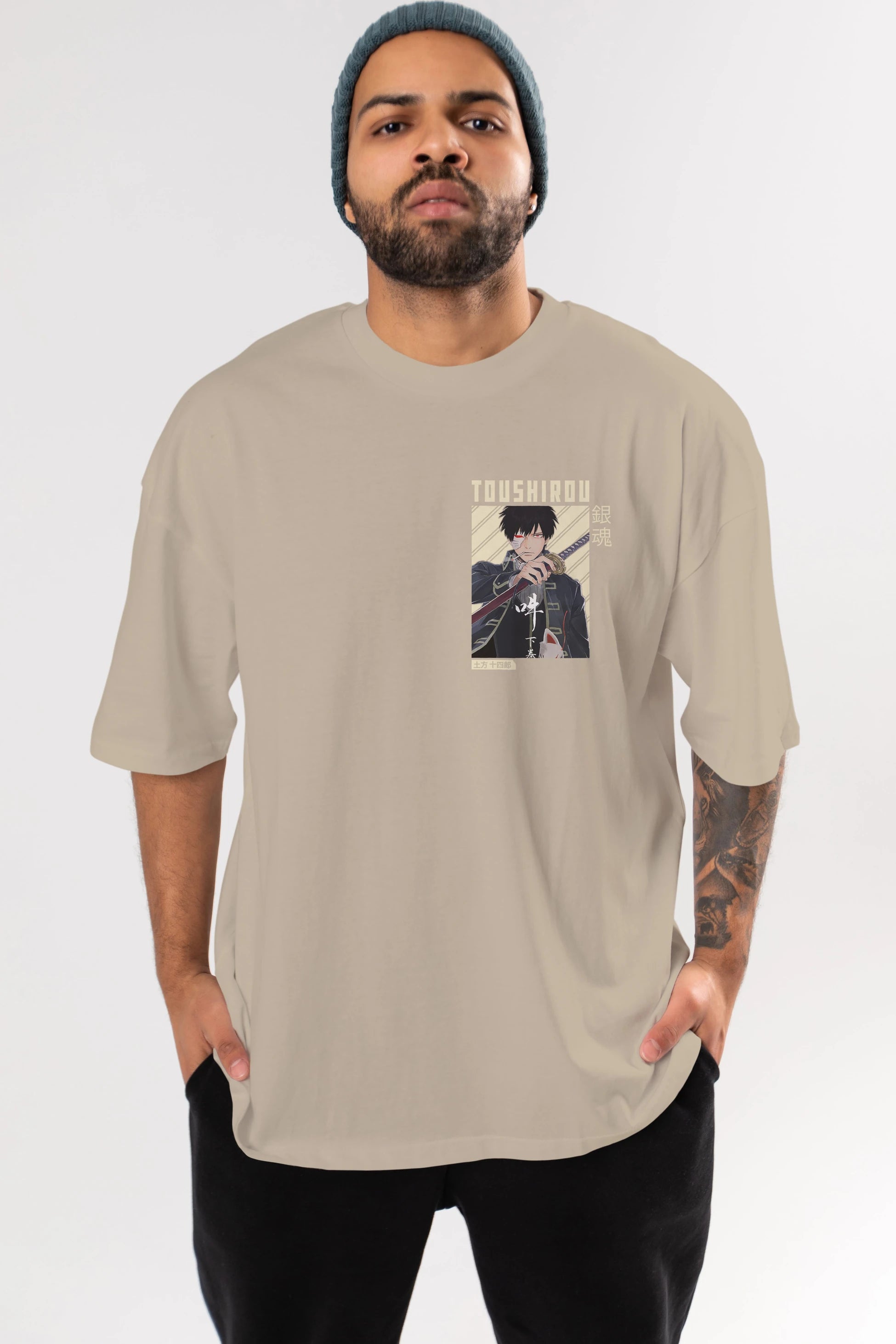 Toushirou Hijikata Ön Sol Baskılı Oversize t-shirt Erkek Kadın Unisex %100 Pamuk Bisiklet Yaka tişort