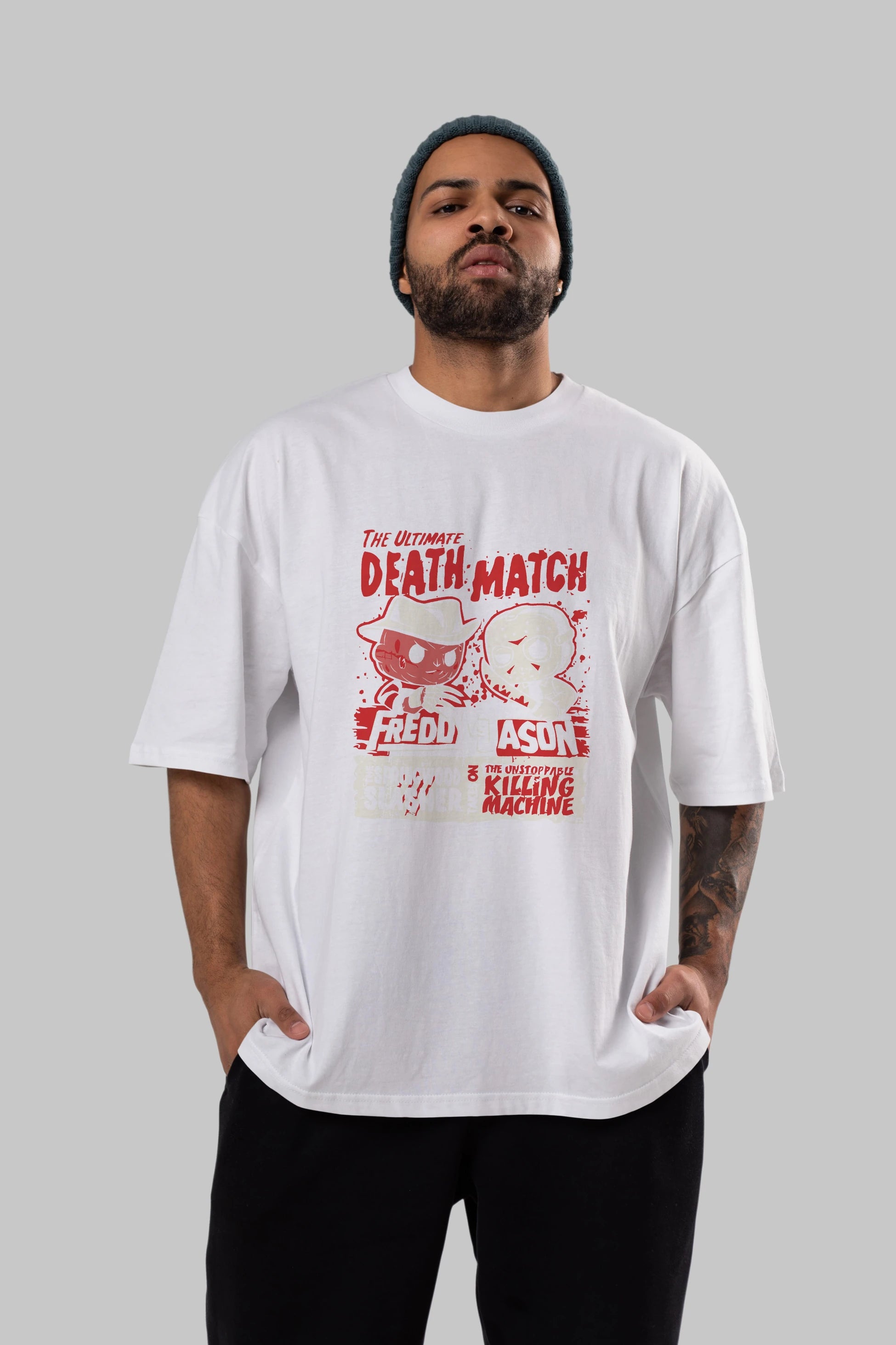 Freddy vs Jason Ön Baskılı Oversize t-shirt Erkek Kadın Unisex %100 Pamuk Bisiklet Yaka tişort