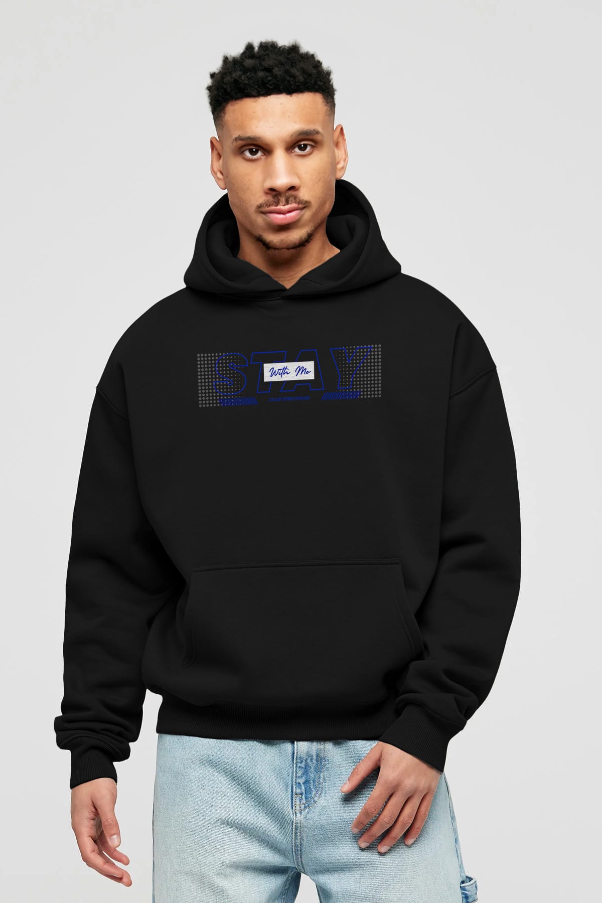 Stay with Me Yazılı Ön Baskılı Oversize Hoodie Kapüşonlu Sweatshirt Erkek Kadın Unisex