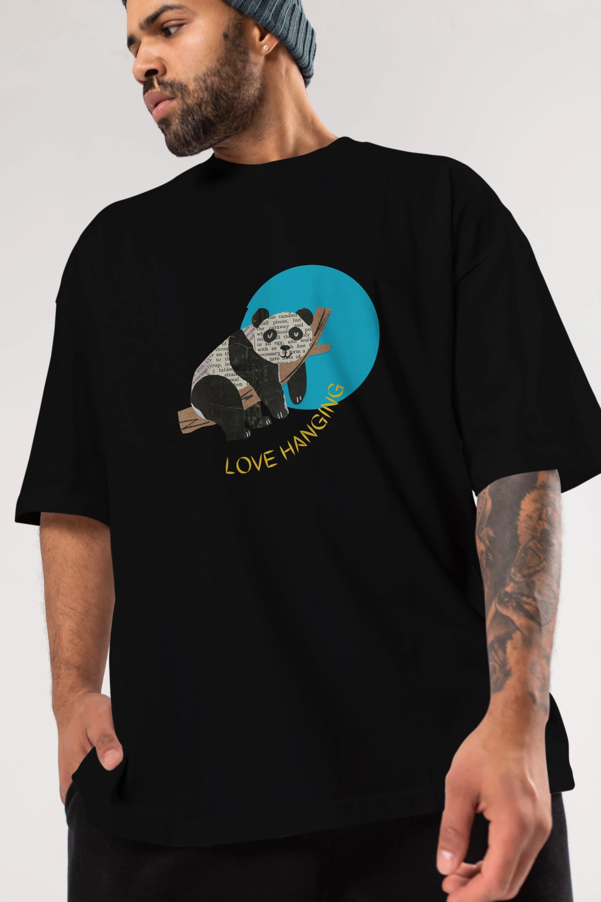 Panda Love Hanging Ön Baskılı Oversize t-shirt Erkek Kadın Unisex