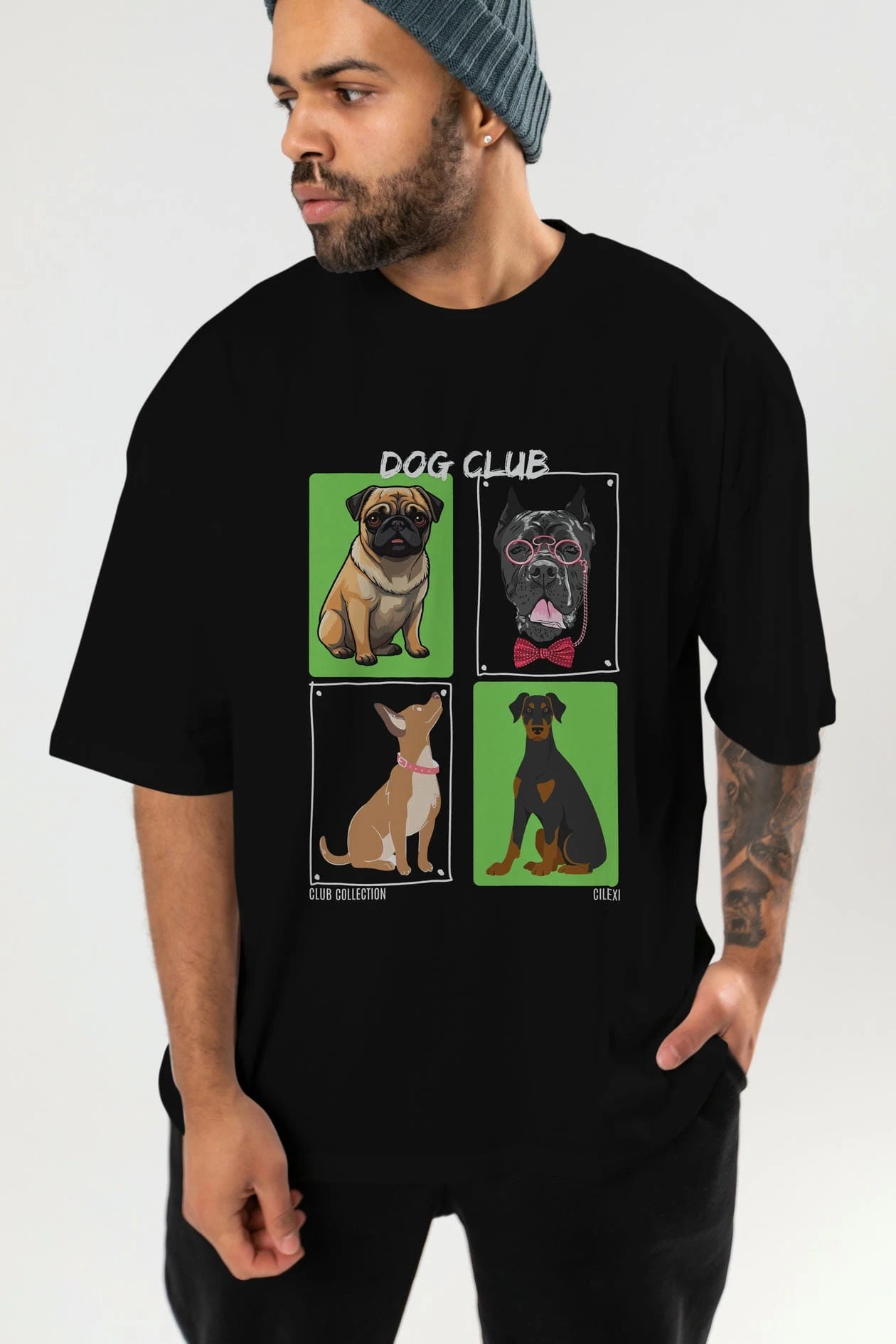 Dog Club ön Baskılı Oversize t-shirt Erkek Kadın %100 Pamuk Bisiklet Yaka tişort