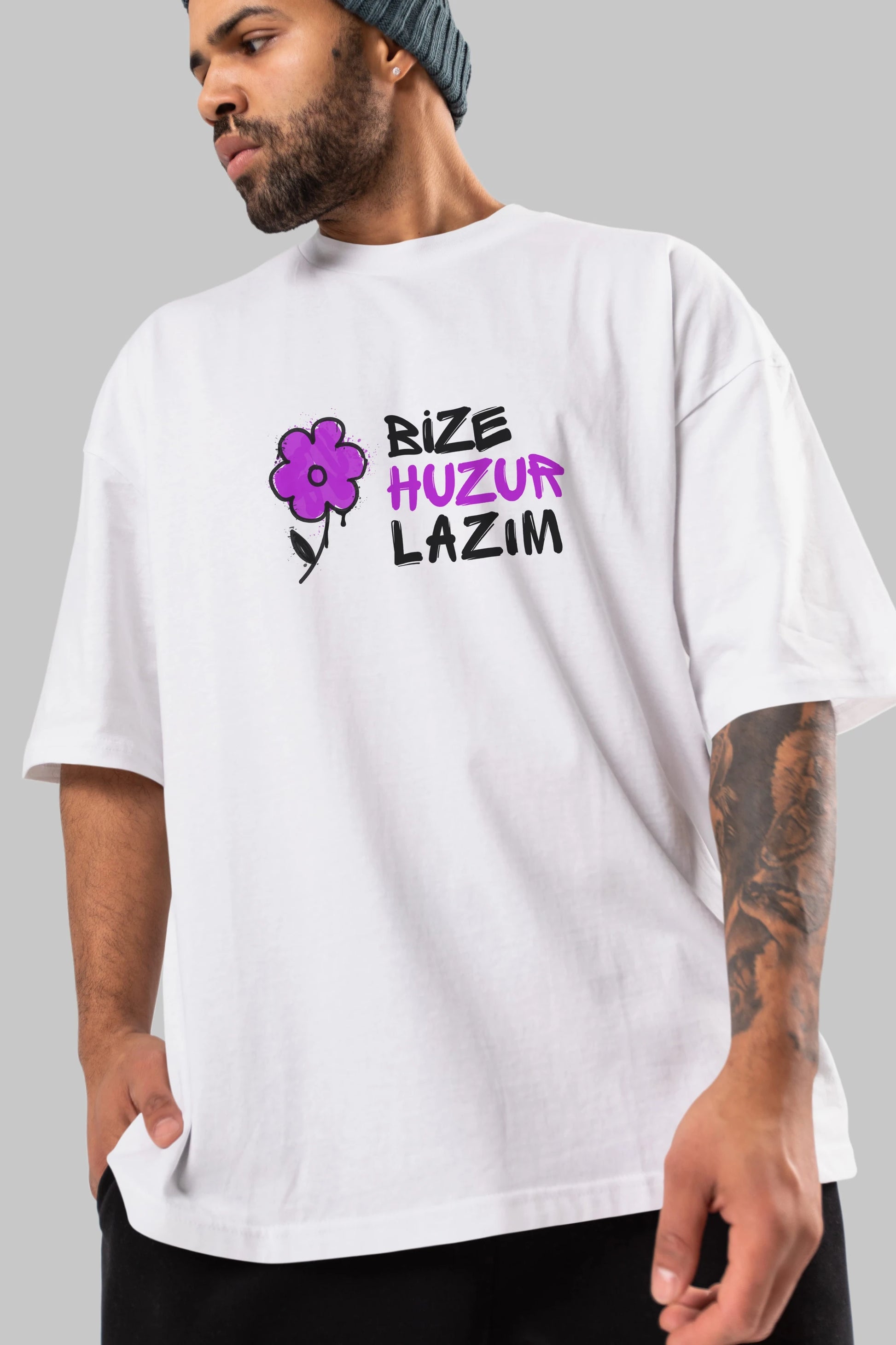 Bize Huzur Lazım Ön Baskılı Oversize t-shirt Erkek Kadın Unisex