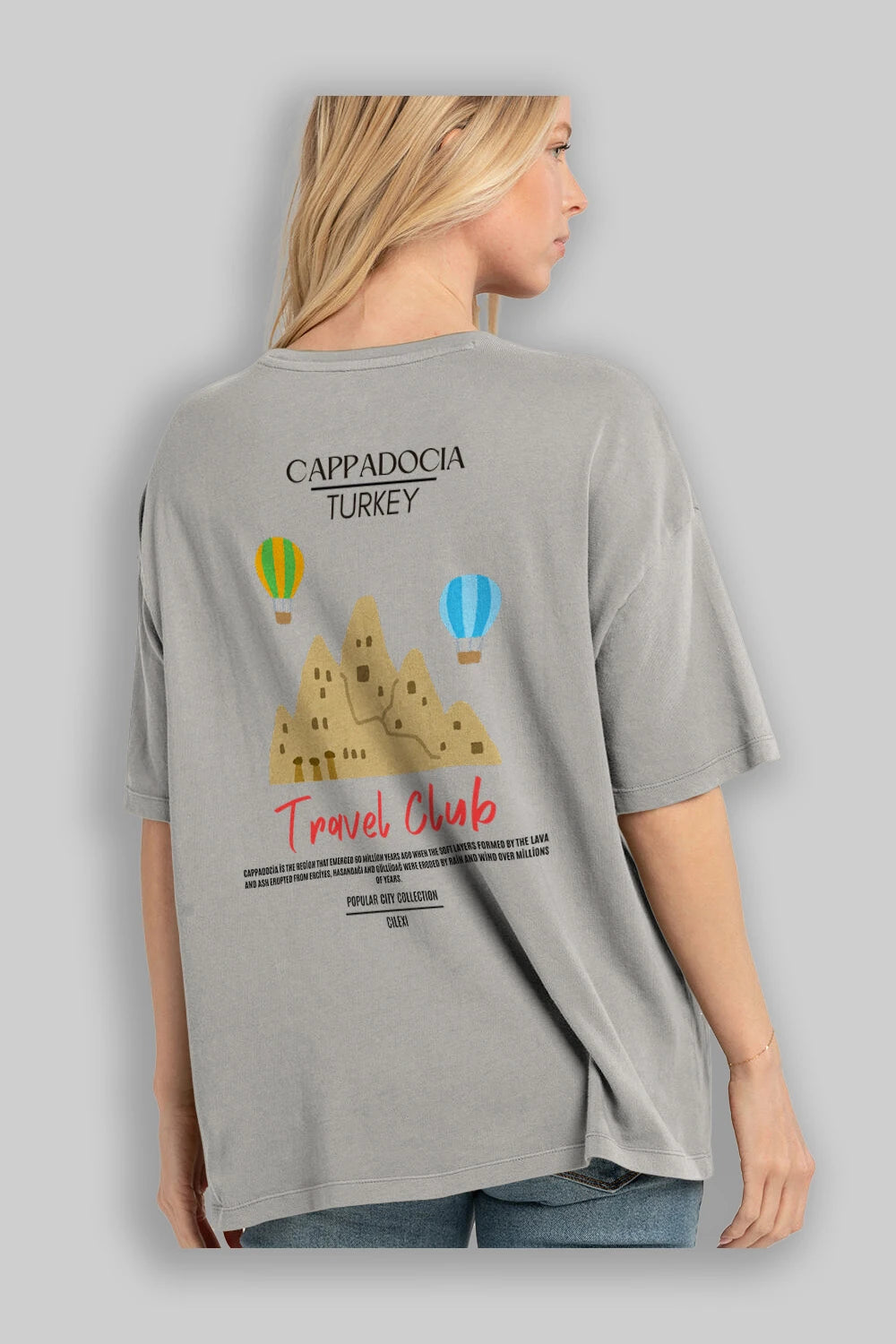 Cappadocia Turkey Arka Baskılı Oversize t-shirt Erkek Kadın Pamuk Bisiklet Yaka tişort