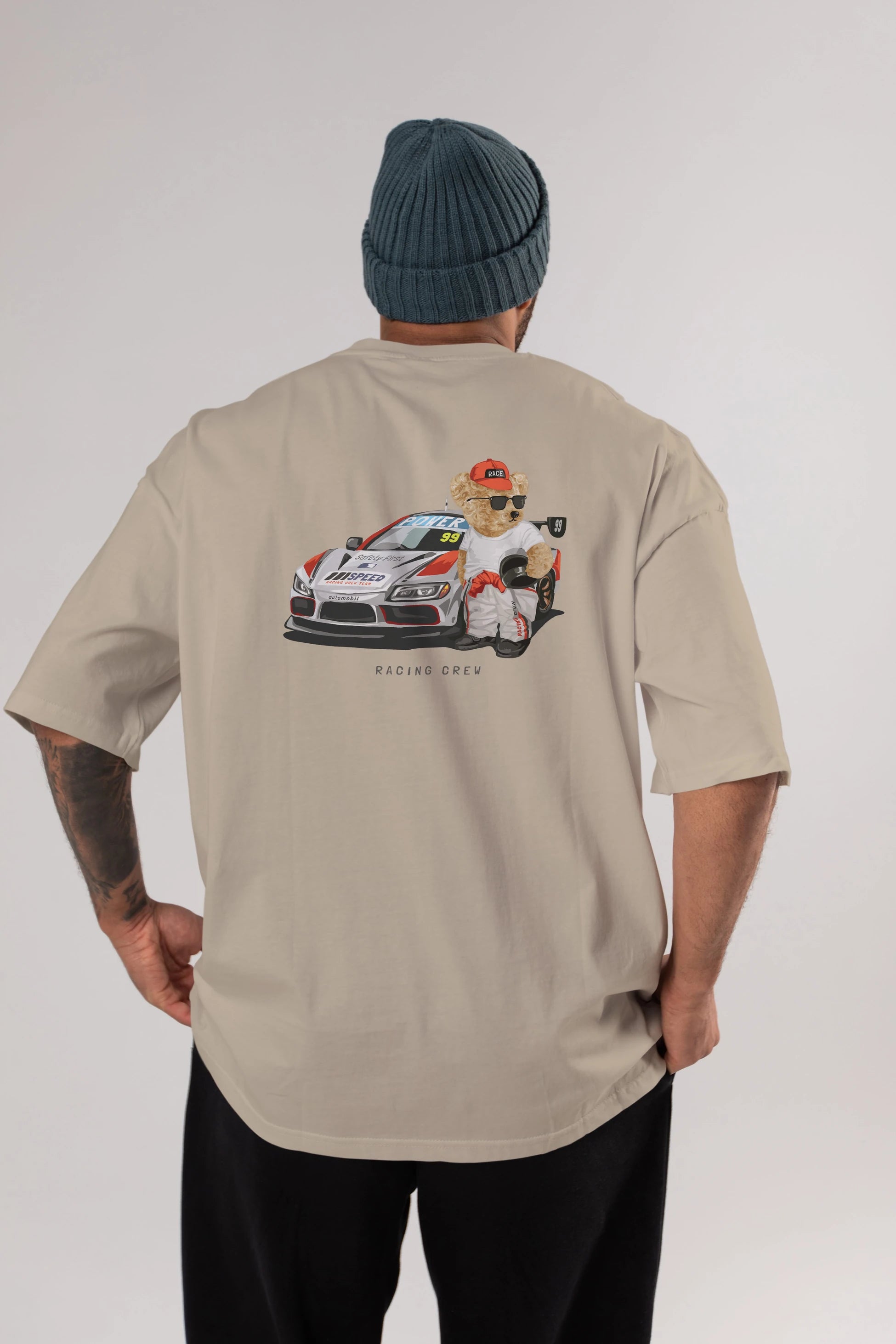 Teddy Bear Racing Crew Arka Baskılı Oversize t-shirt Erkek Kadın Unisex %100 Pamuk