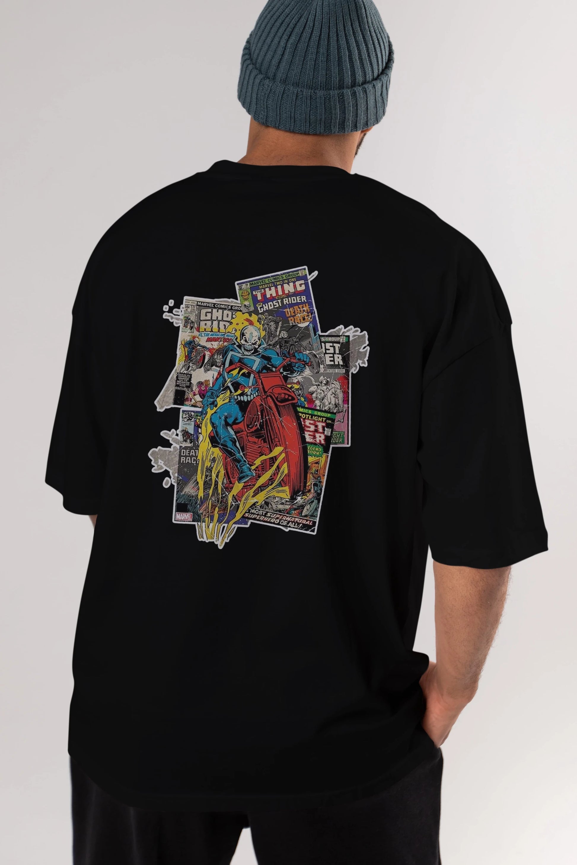 Ghost Rider Arka Baskılı Oversize t-shirt Erkek Kadın Unisex %100 Pamuk Bisiklet Yaka tişort
