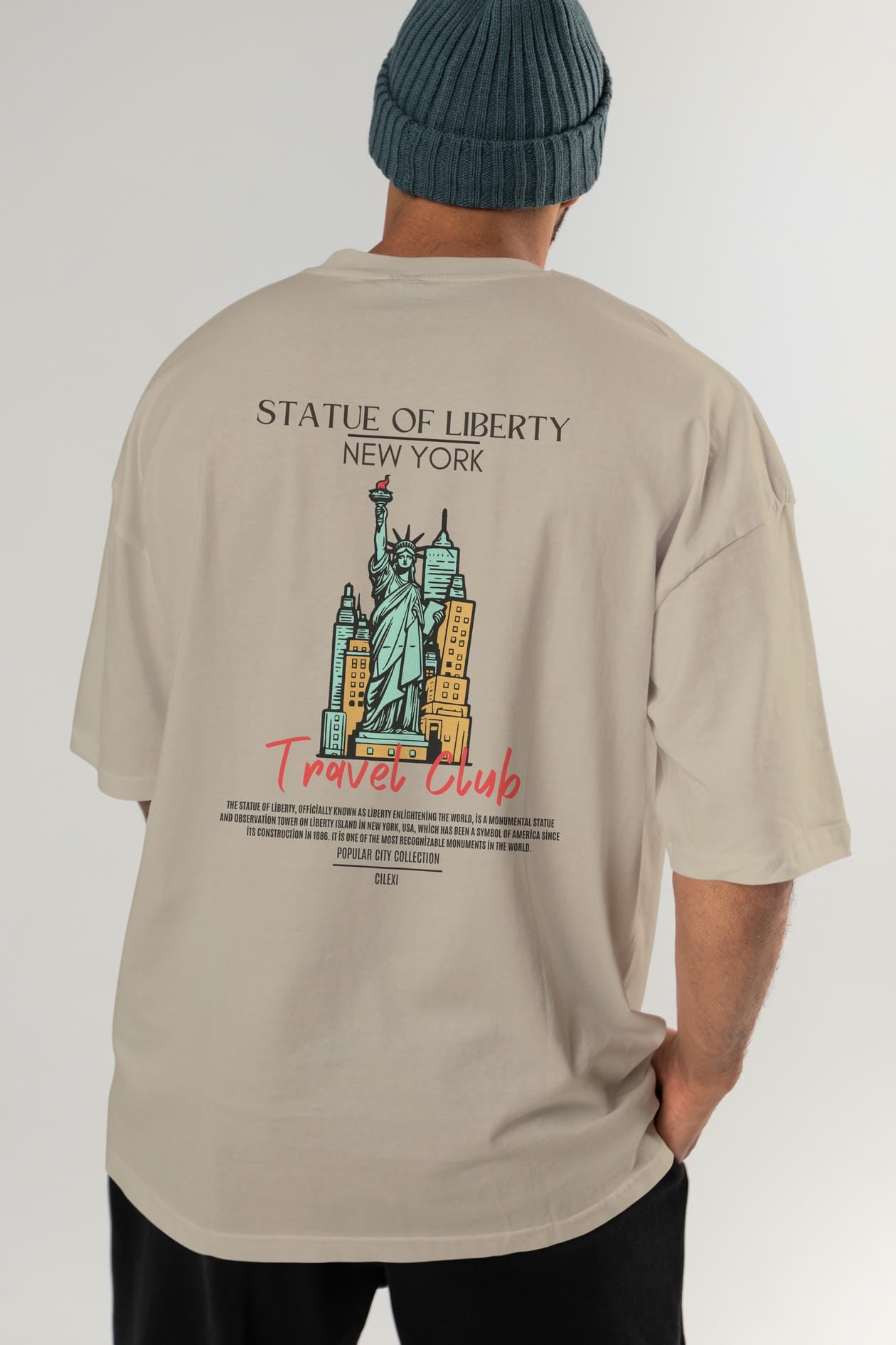 Statue Of Liberty New York Arka Baskılı Oversize t-shirt Erkek Kadın Pamuk Bisiklet Yaka tişort
