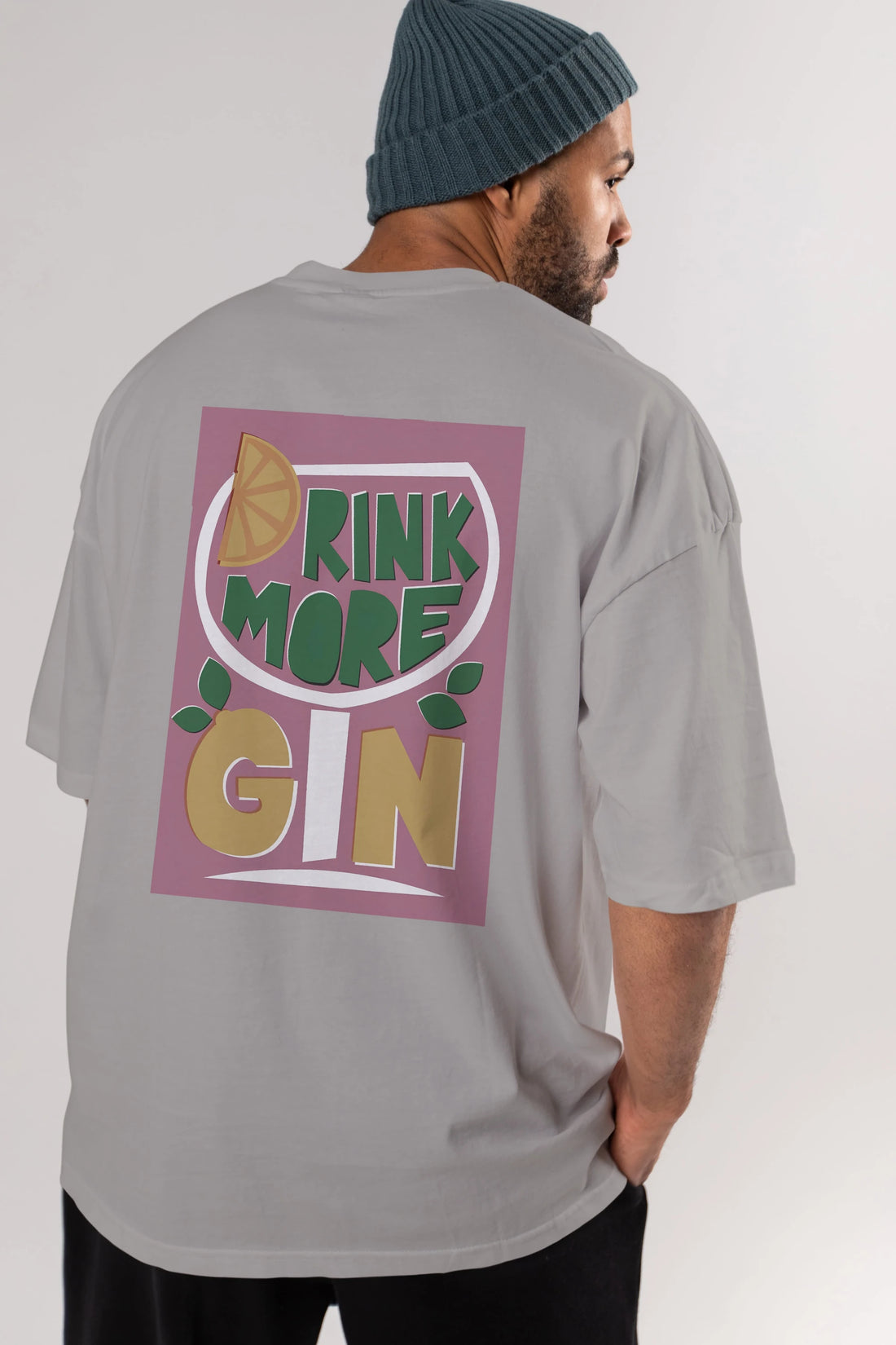 Drink More Gin Arka Baskılı Oversize t-shirt Erkek Kadın Unisex %100 Pamuk Bisiklet Yaka tişort