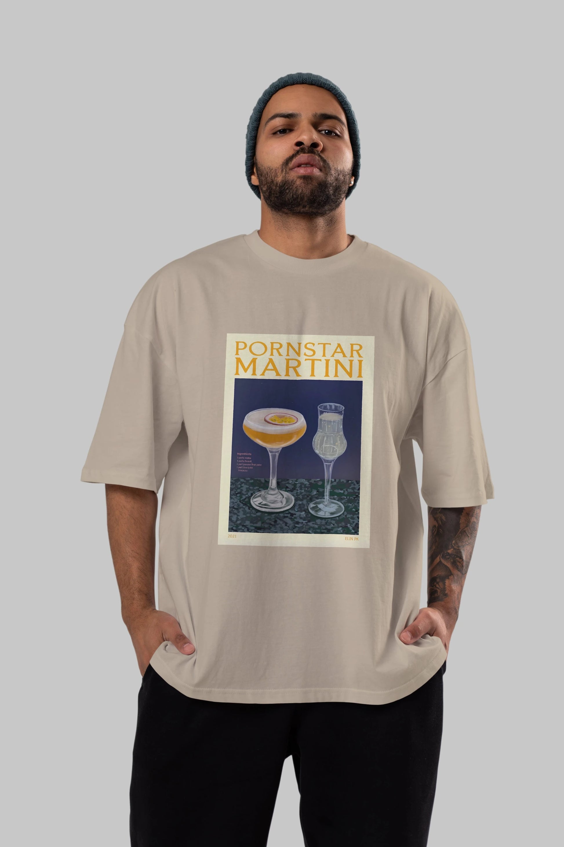 P.rnstar Martini Ön Baskılı Oversize t-shirt Erkek Kadın Unisex %100 Pamuk Bisiklet Yaka tişort