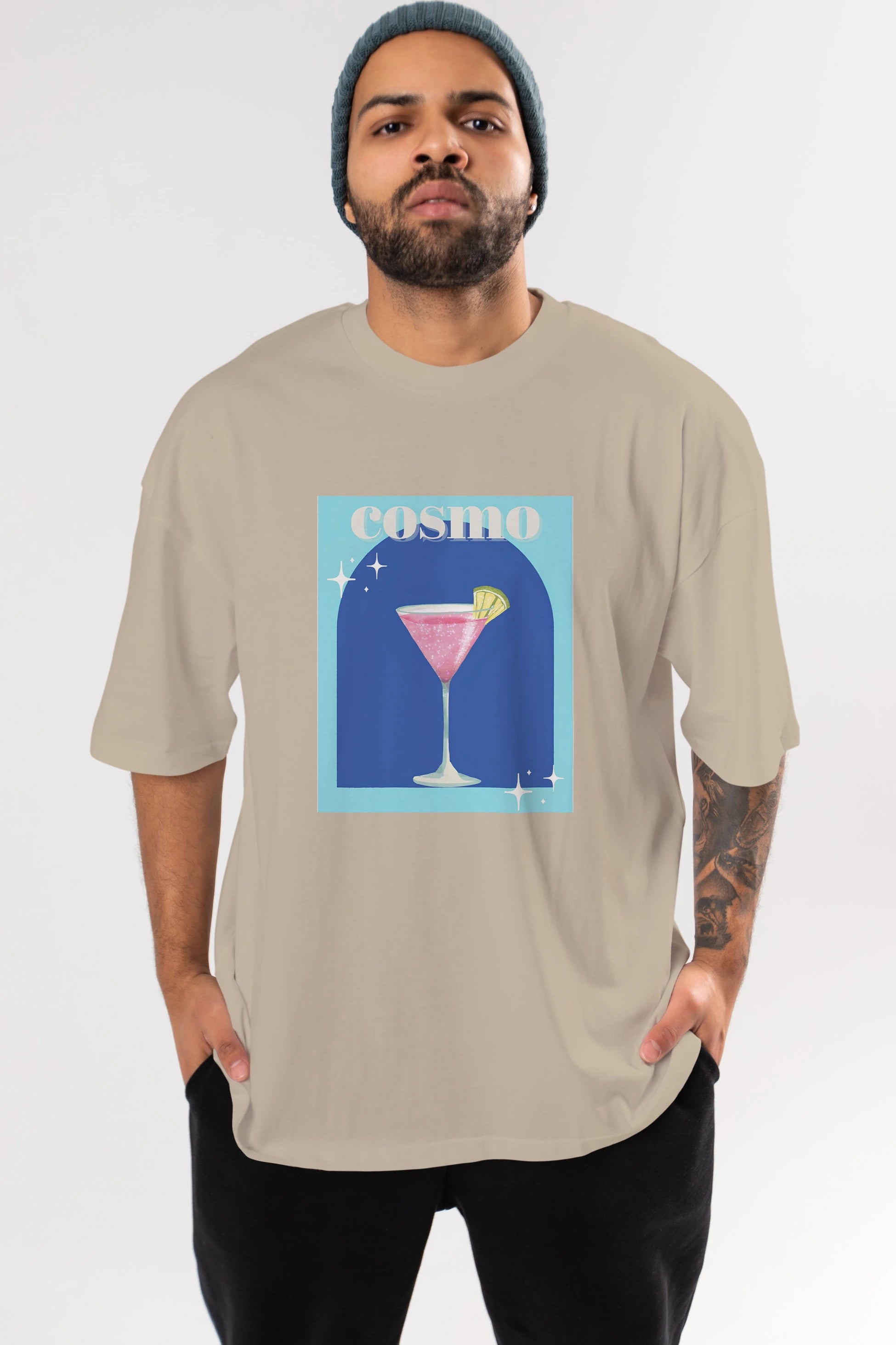 Cosmopolitan 2 Ön Baskılı Oversize t-shirt Erkek Kadın Unisex %100 Pamuk Bisiklet Yaka tişort