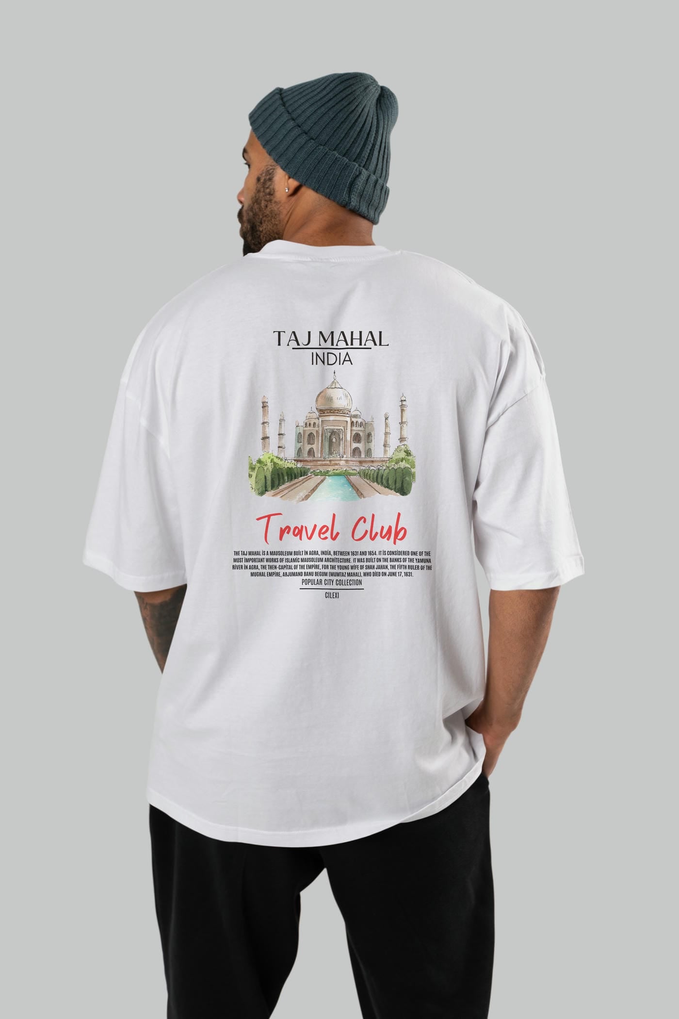 Taj Mahal İndia Arka Baskılı Oversize t-shirt Erkek Kadın Pamuk Bisiklet Yaka tişort