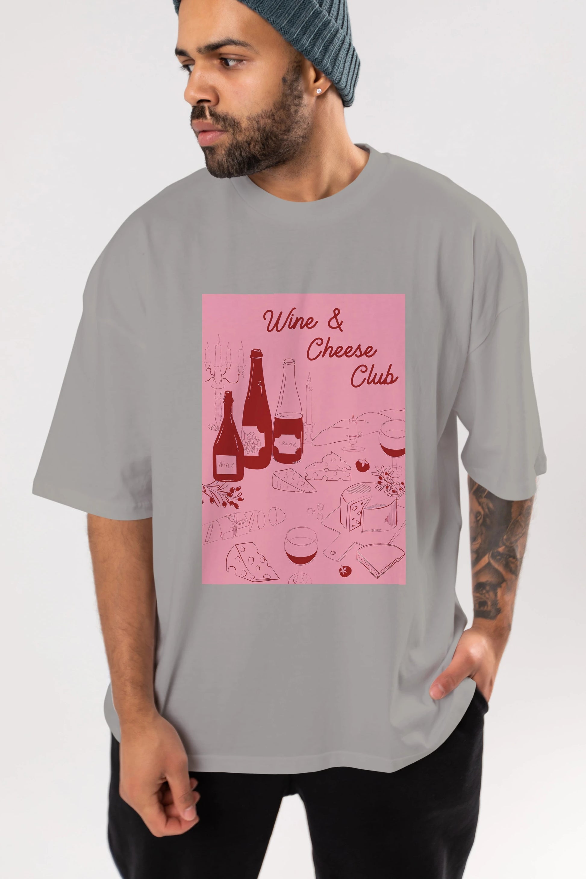 Wine Cheese Club Ön Baskılı Oversize t-shirt Erkek Kadın Unisex %100 Pamuk Bisiklet Yaka tişort