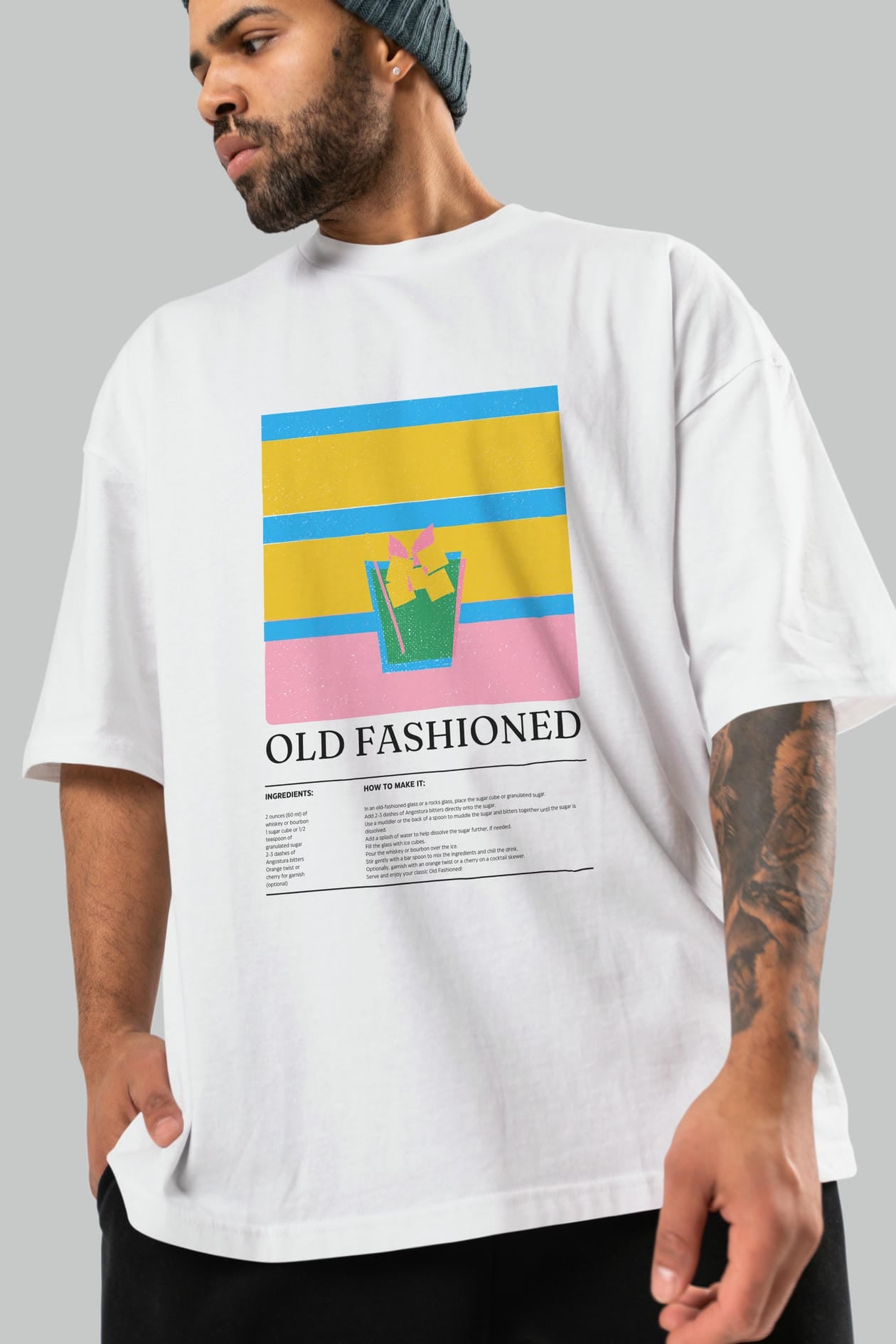 Old Fashioned Kokteyl Ön Baskılı Oversize t-shirt Erkek Kadın %100 Pamuk Bisiklet Yaka tişort