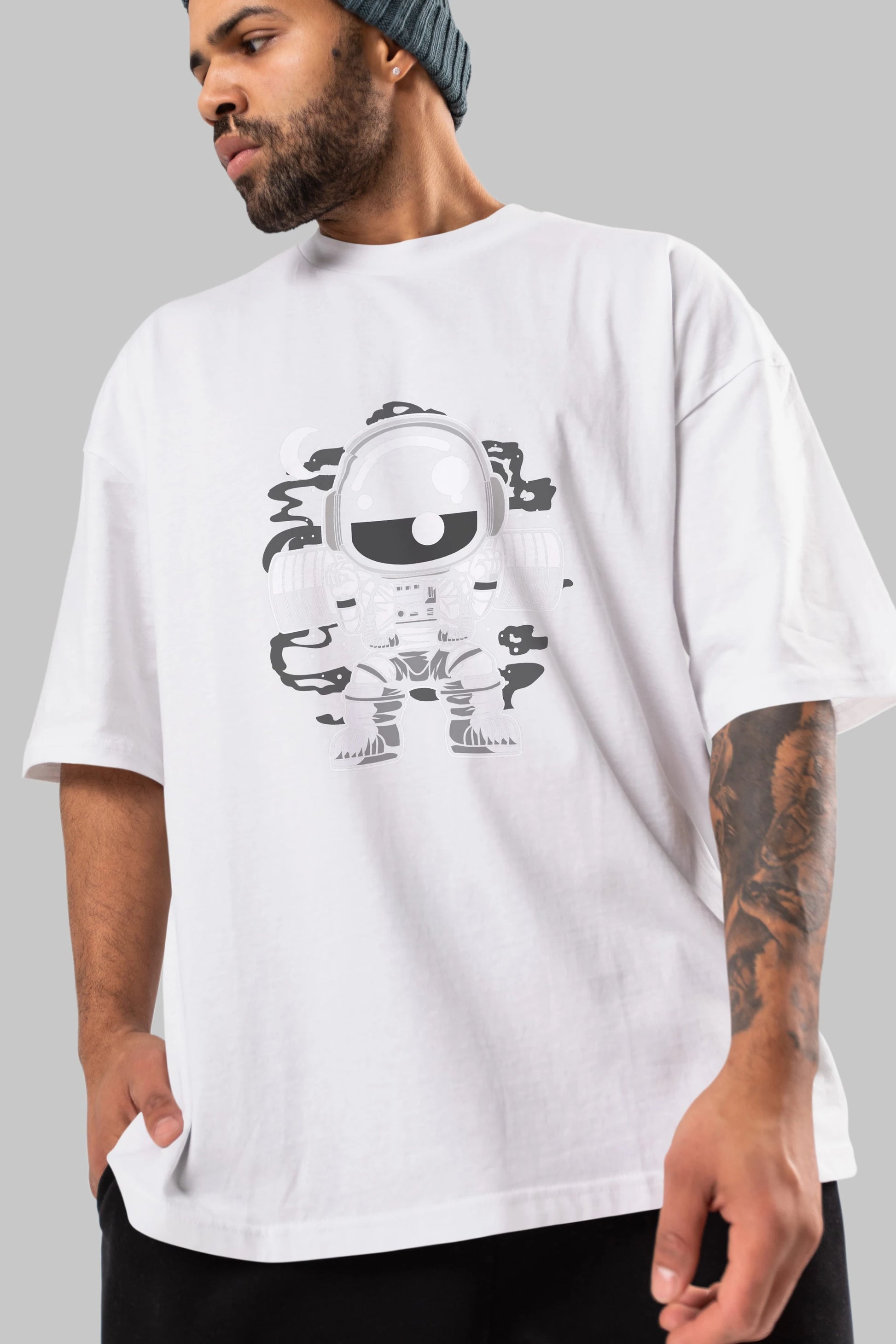 Astronaut Barbell Body Builder Ön Baskılı Oversize t-shirt Erkek Kadın Unisex