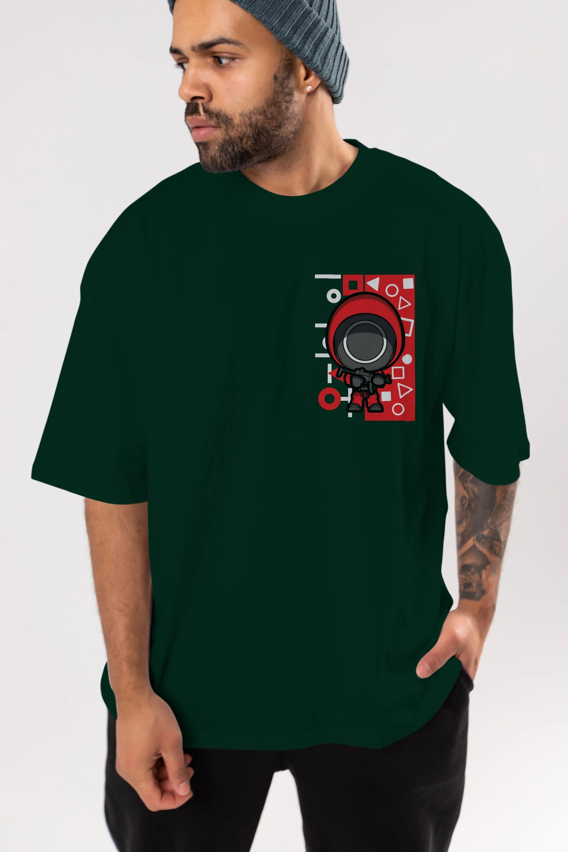 Squid Game (4) Ön Sol Baskılı Oversize t-shirt Erkek Kadın Unisex %100 Pamuk Bisiklet Yaka tişort