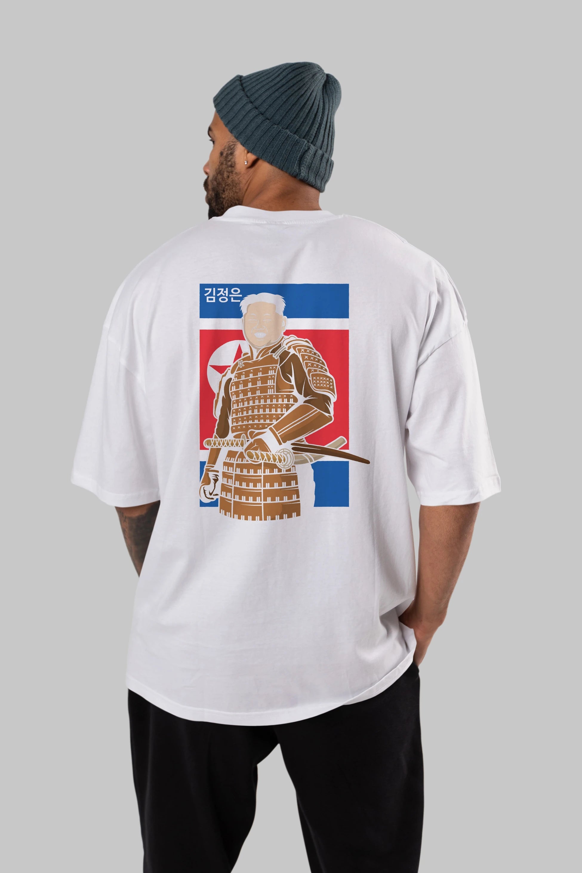 Samurai Jong Un Arka Baskılı Oversize t-shirt Erkek Kadın Unisex %100 Pamuk tişort