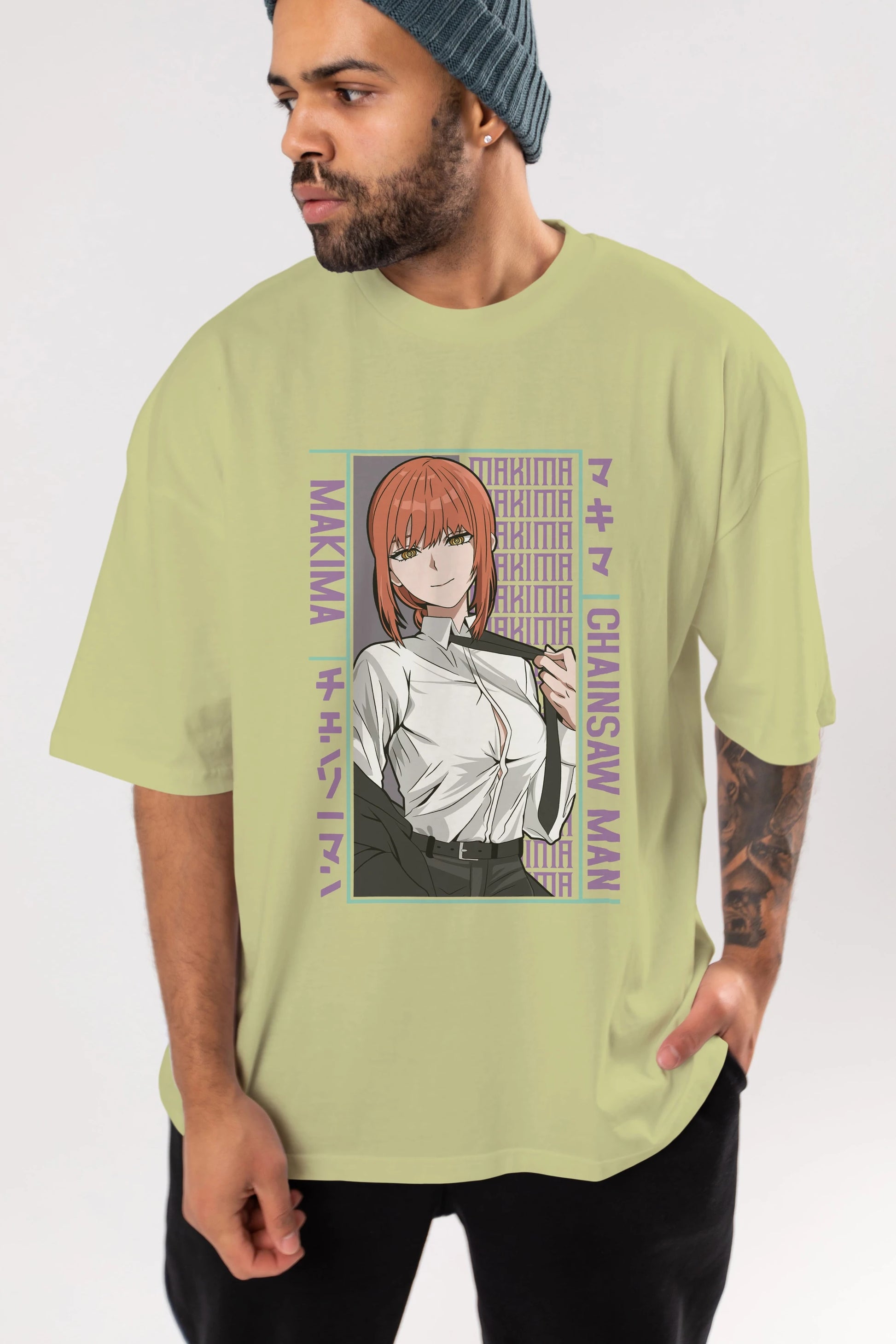 Makima Chain Saw Man Anime Ön Baskılı Oversize t-shirt %100 pamuk Erkek Kadın Unisex