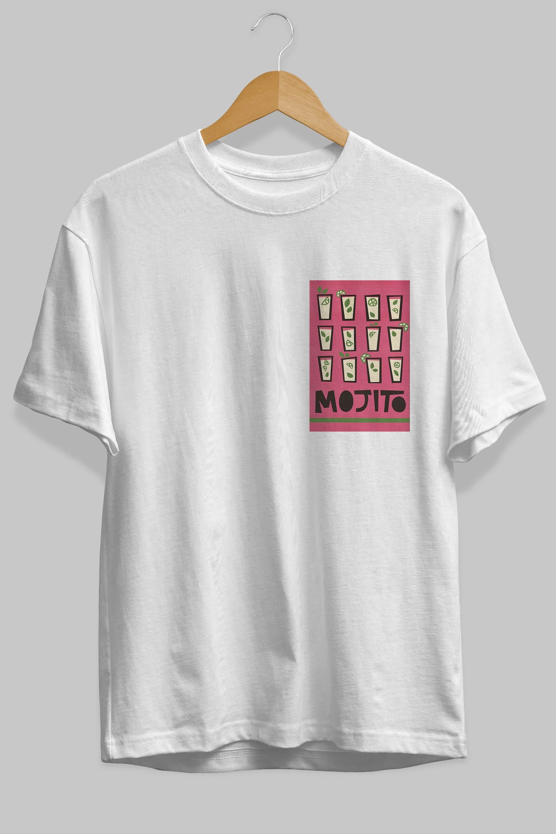 Mojito Ön Sol Baskılı Oversize t-shirt Erkek Kadın Unisex %100 Pamuk Bisiklet Yaka tişort