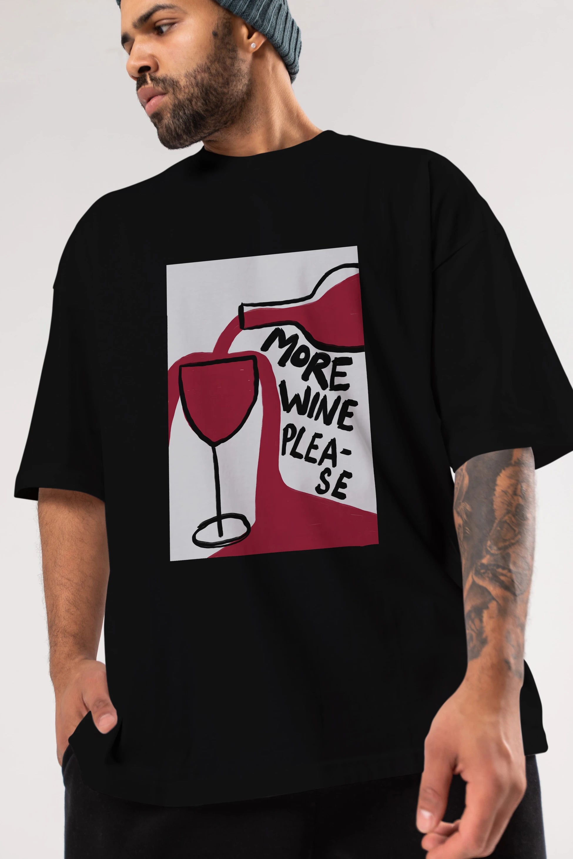 More Wine Please Ön Baskılı Oversize t-shirt Erkek Kadın Unisex %100 Pamuk Bisiklet Yaka tişort