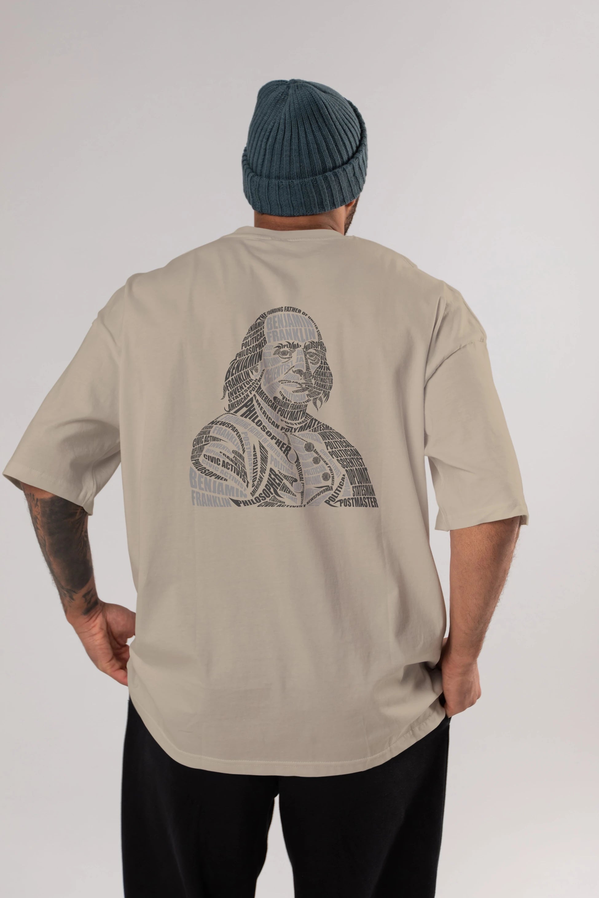 Benjamin Franklin Calligram Arka Baskılı Oversize t-shirt %100 pamuk Erkek Kadın Unisex