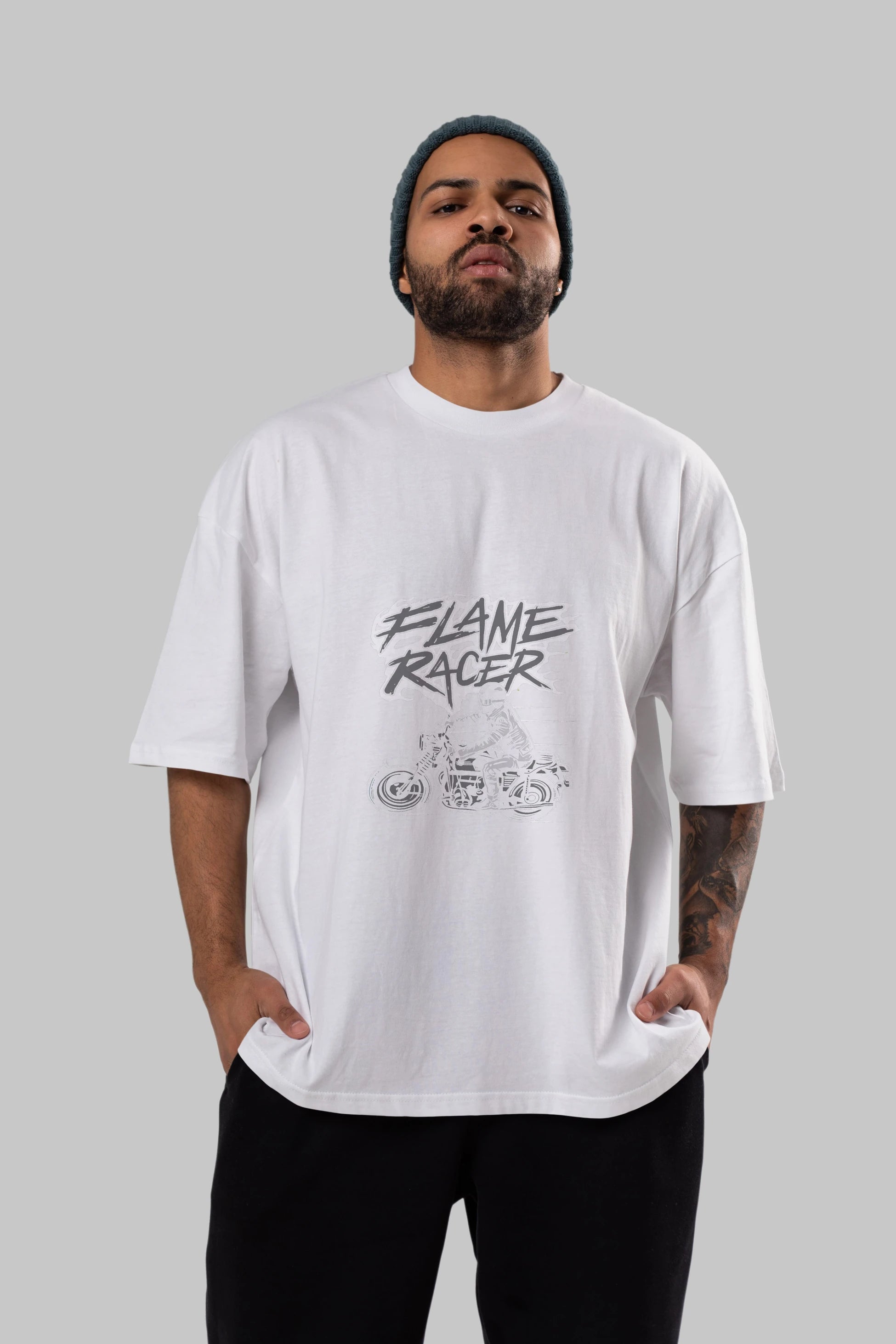 Flame Racer Ön Baskılı Oversize t-shirt Erkek Kadın Unisex %100 Pamuk tişort