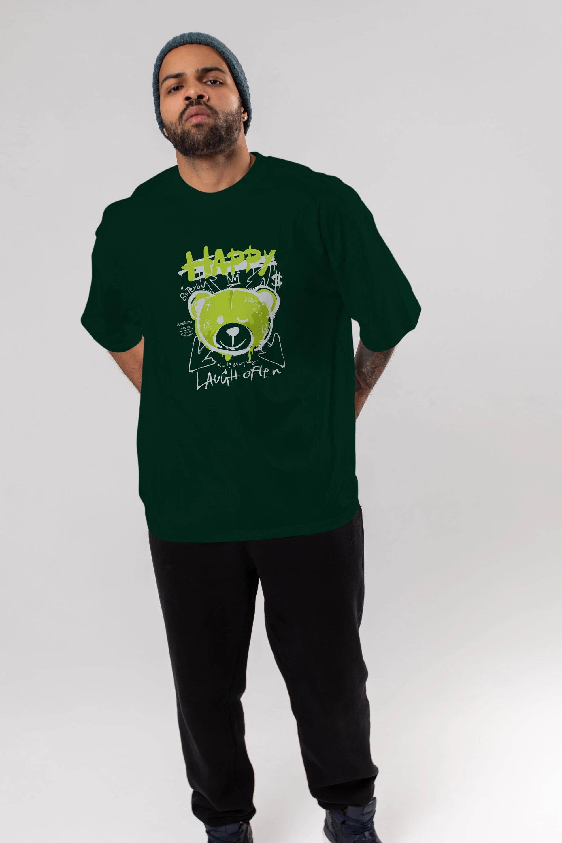 Happy Bear Ön Baskılı Oversize t-shirt Erkek Kadın Unisex