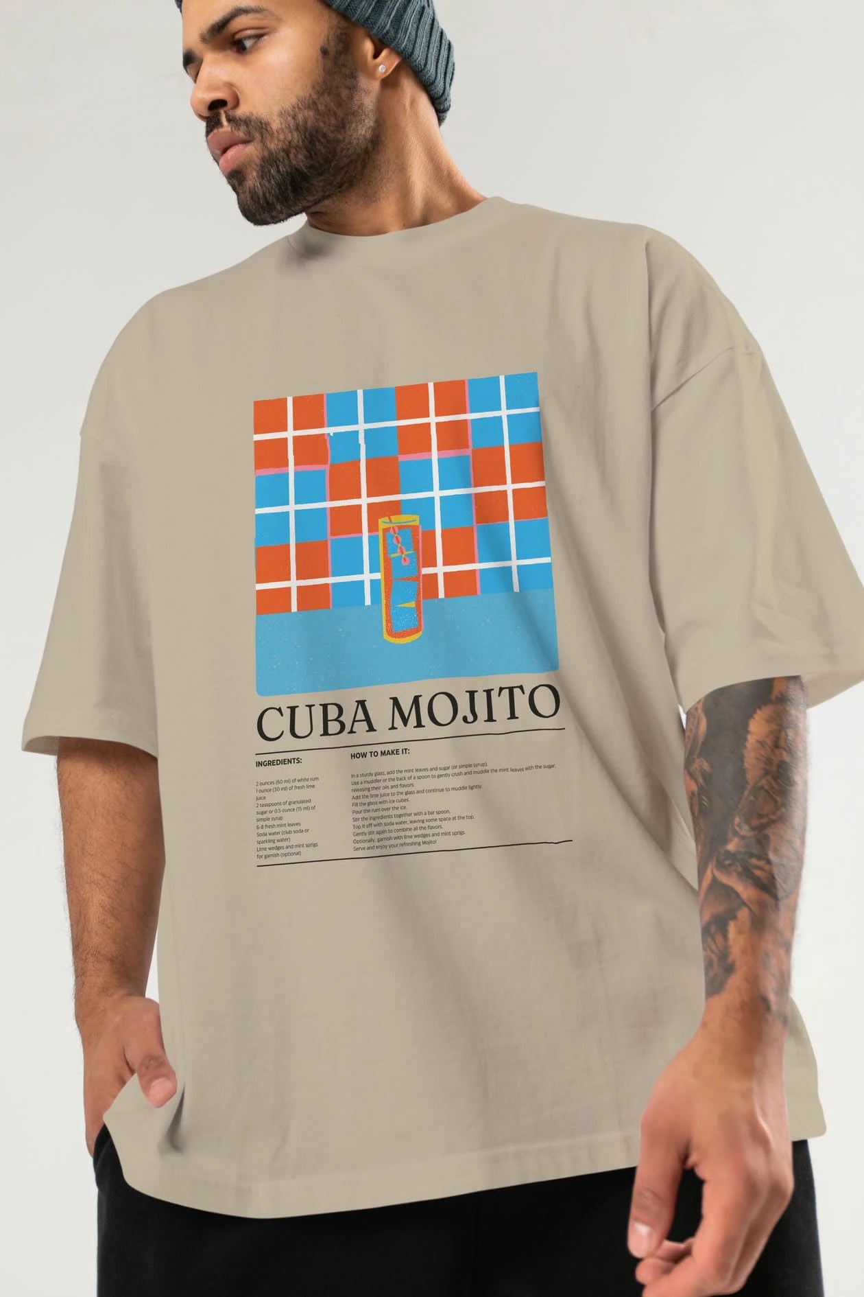 Cuba Mojito Kokteyl Ön Baskılı Oversize t-shirt Erkek Kadın %100 Pamuk Bisiklet Yaka tişort