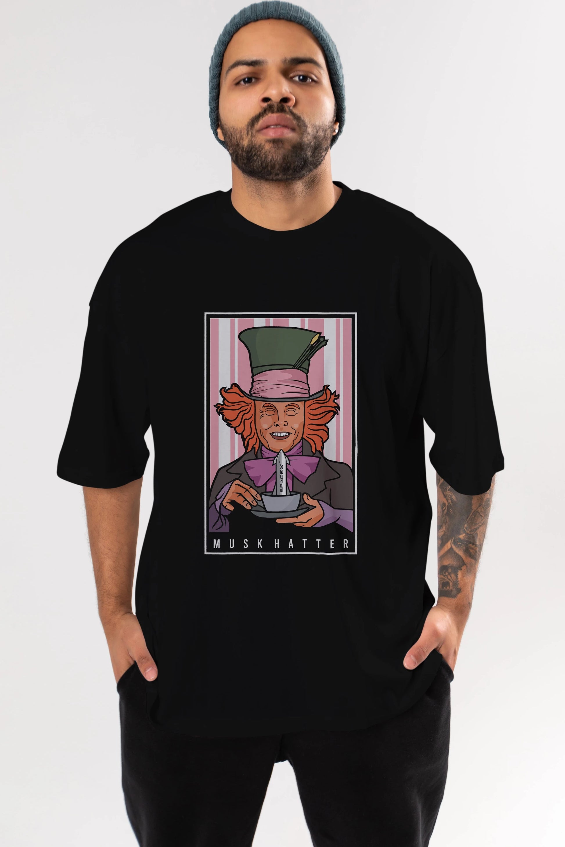 Mad Hatter Elon Musk Ön Baskılı Oversize t-shirt Erkek Kadın Unisex %100 Pamuk tişort