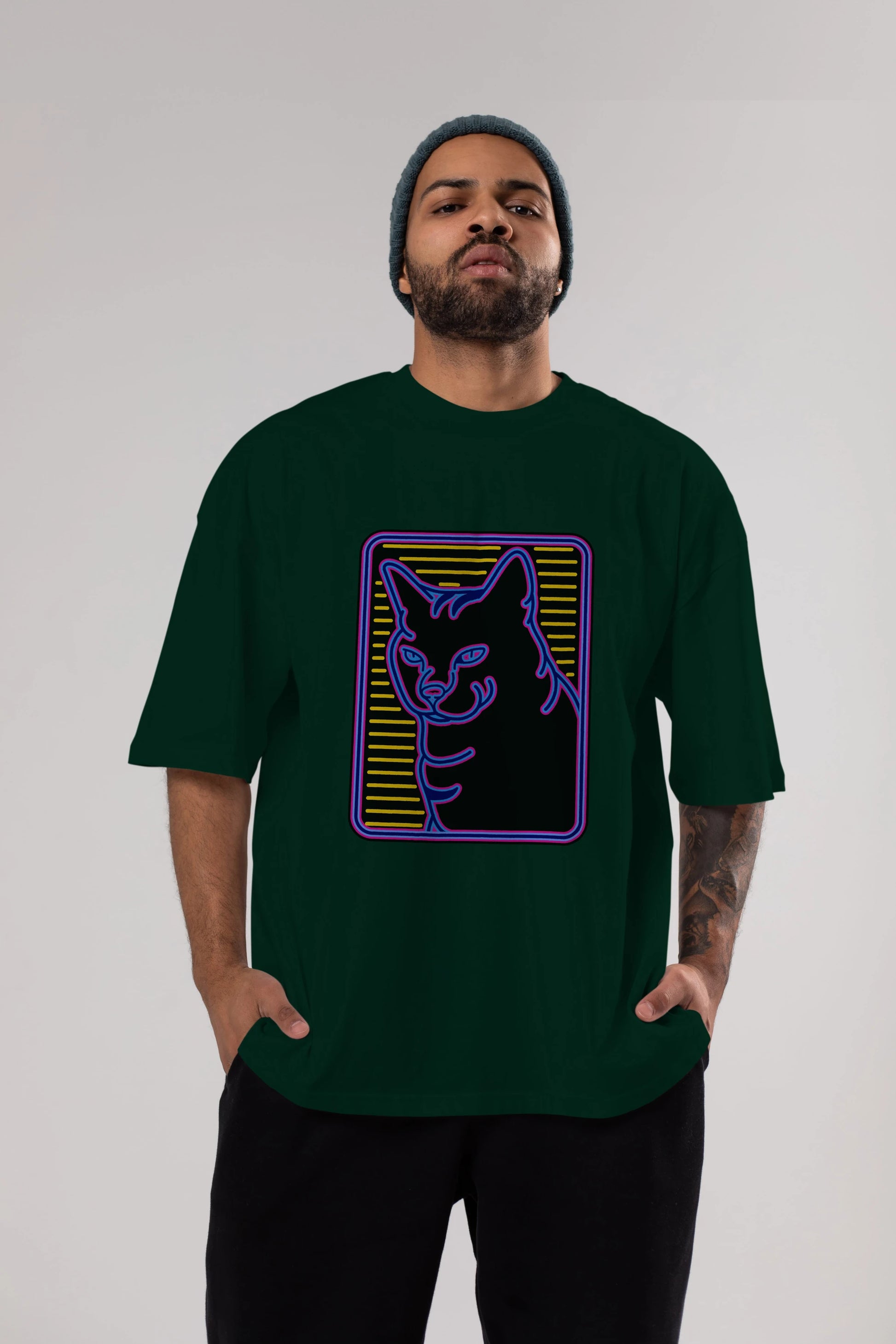 Neon Cat Ön Baskılı Oversize t-shirt Erkek Kadın Unisex