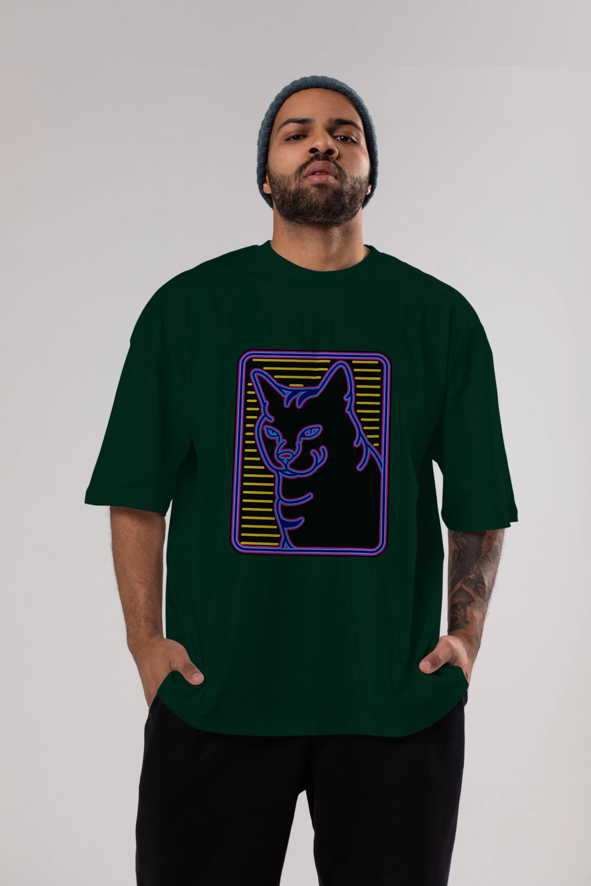 Neon Cat Ön Baskılı Oversize t-shirt Erkek Kadın Unisex