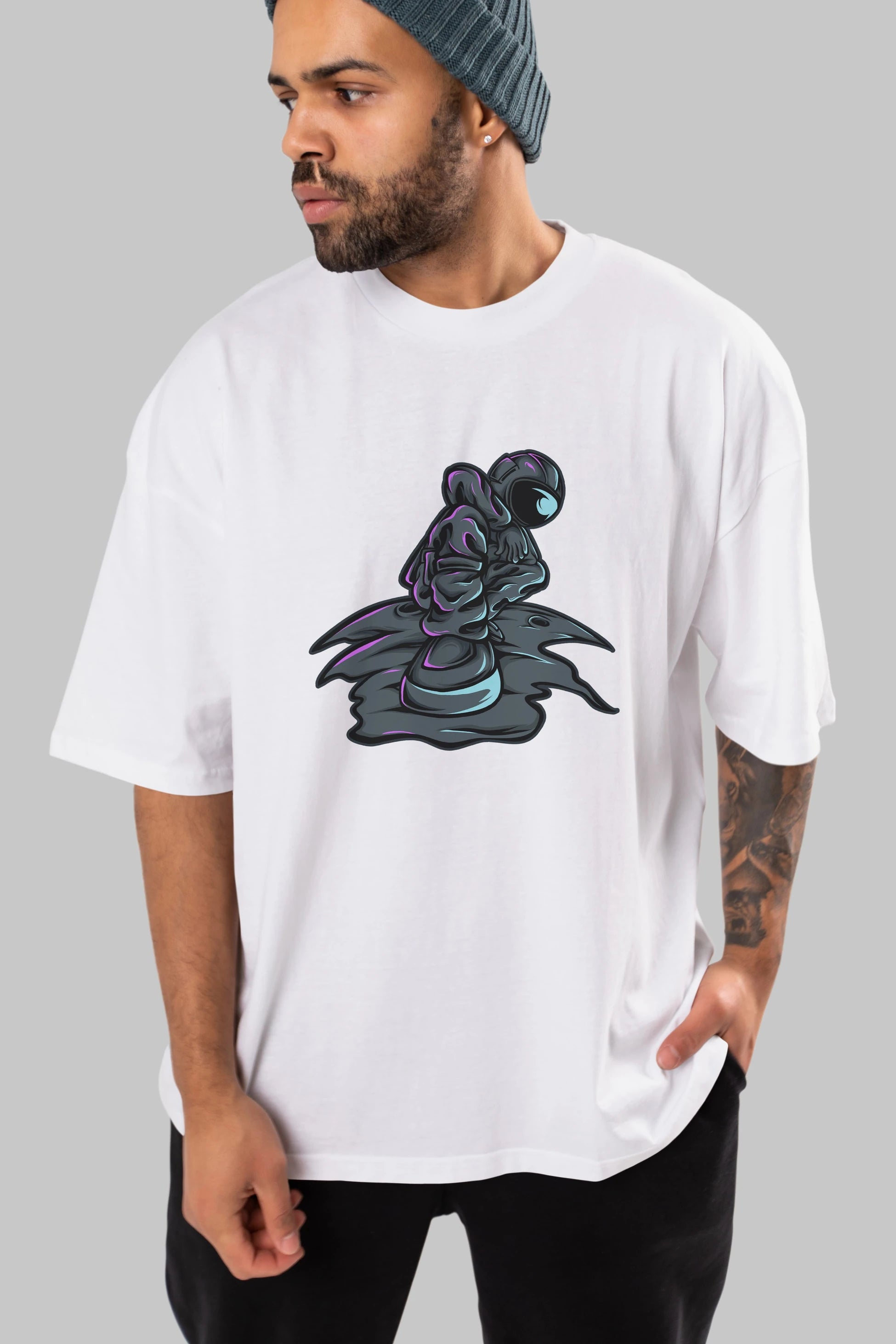 Stylish Astronaut Ön Baskılı Oversize t-shirt Erkek Kadın Unisex