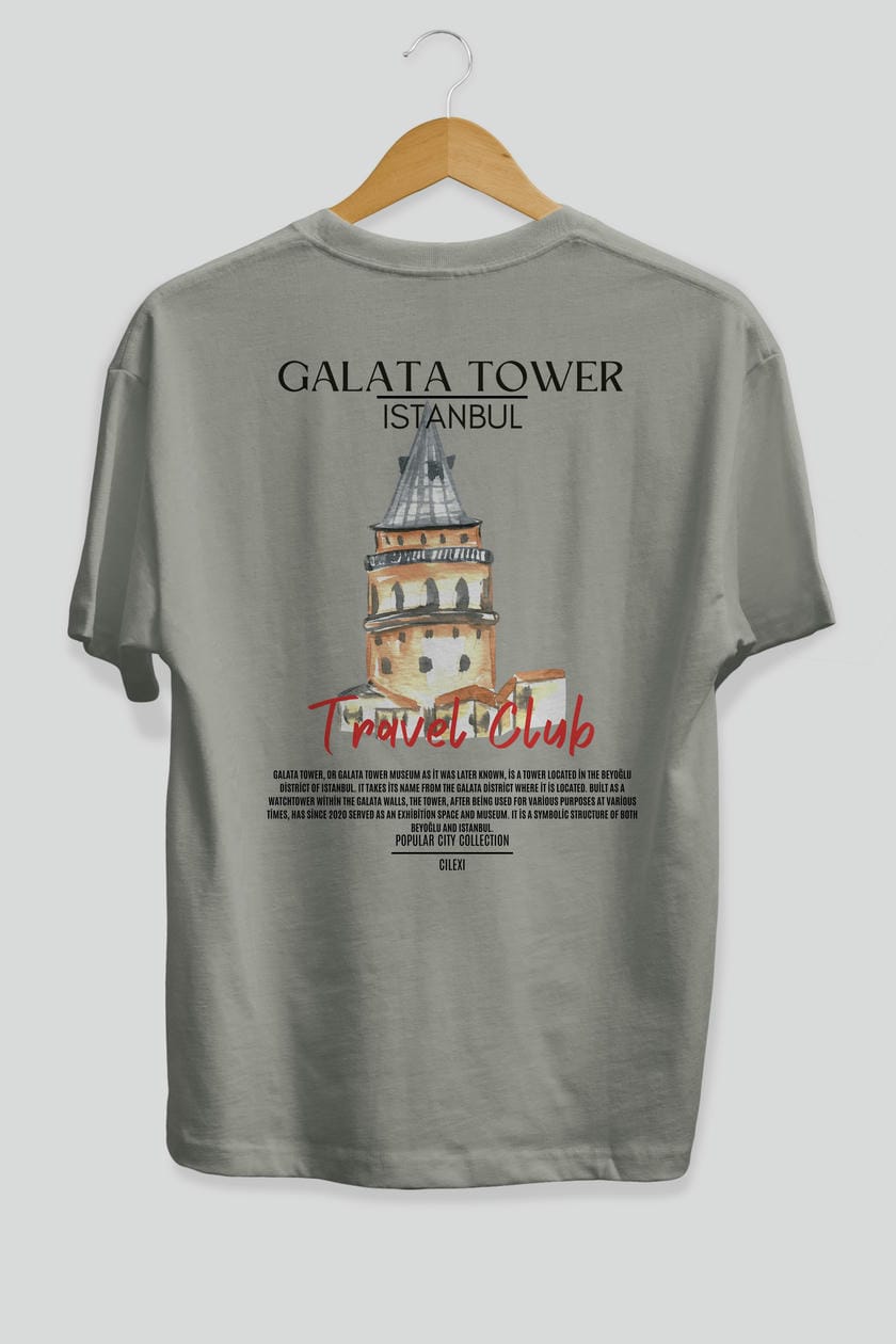 Galata Tower İstanbul Arka Baskılı Oversize t-shirt Erkek Kadın Pamuk Bisiklet Yaka tişort