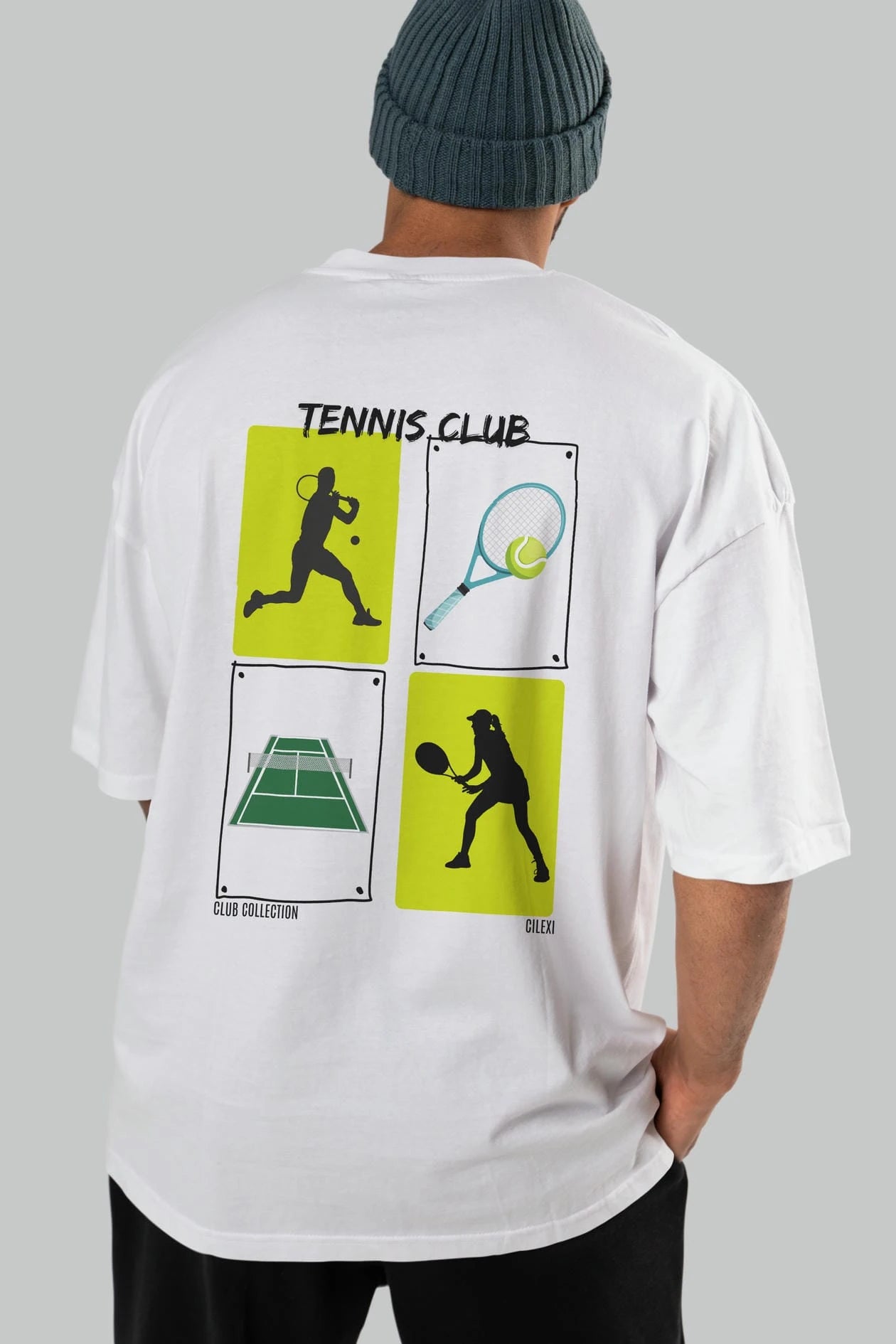 Tennis Club Arka Baskılı Oversize t-shirt Erkek Kadın %100 Pamuk Bisiklet Yaka tişort