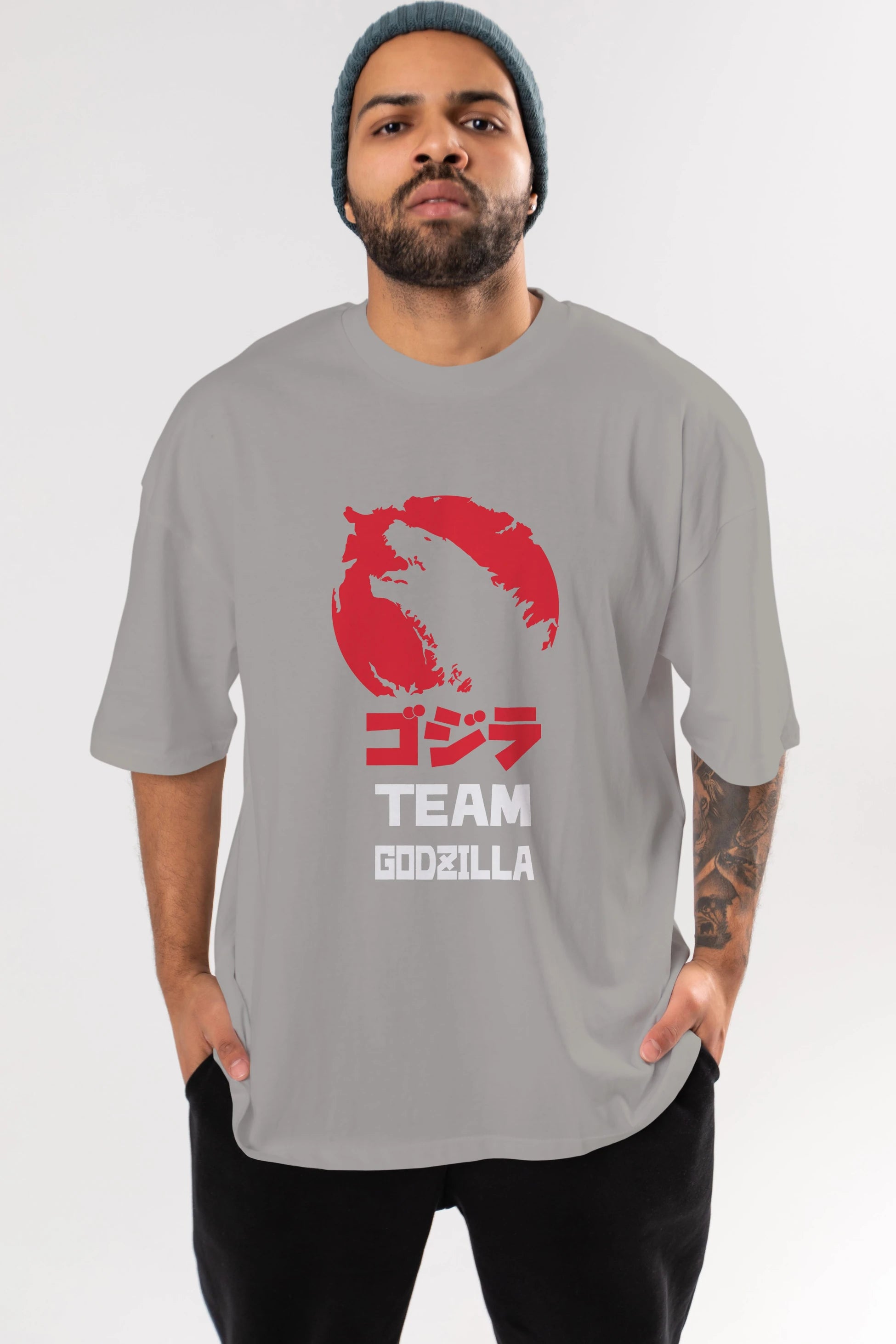 Team Godzilla Ön Baskılı Oversize t-shirt Erkek Kadın Unisex %100 Pamuk Bisiklet Yaka tişort