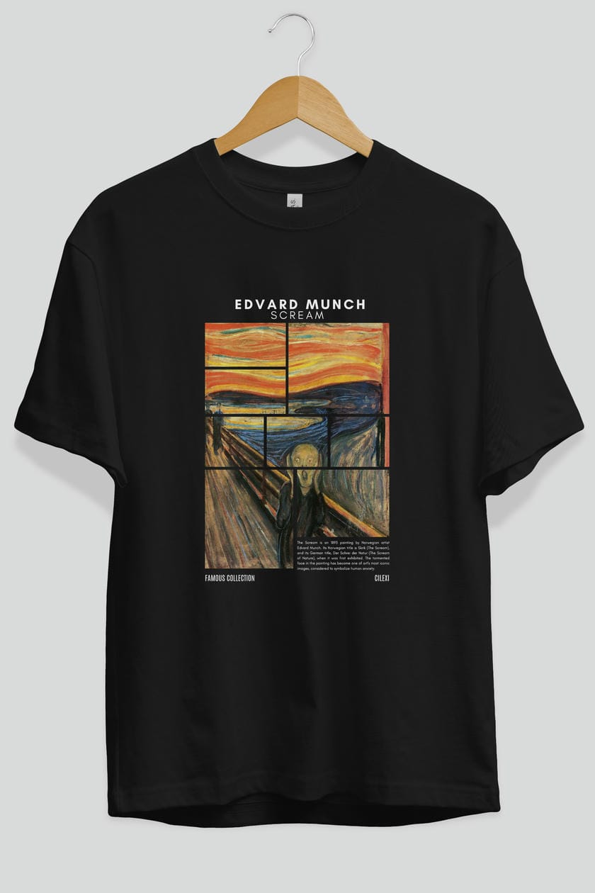 Edvard Munch Scream ön Baskılı Oversize t-shirt Erkek Kadın Bisiklet Yaka Pamuk tişort