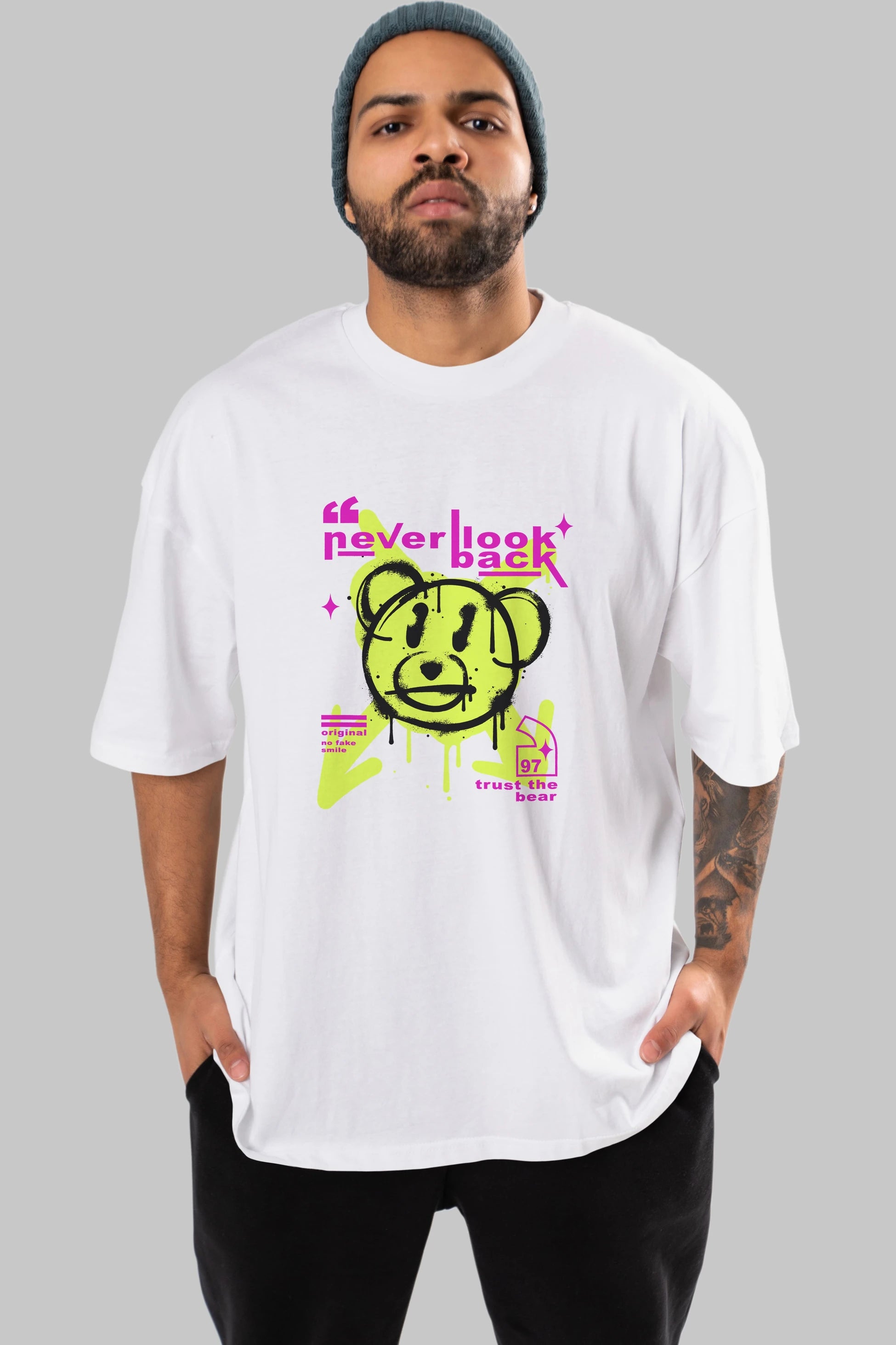 Never Look Back Bear Ön Baskılı Oversize t-shirt Erkek Kadın Unisex