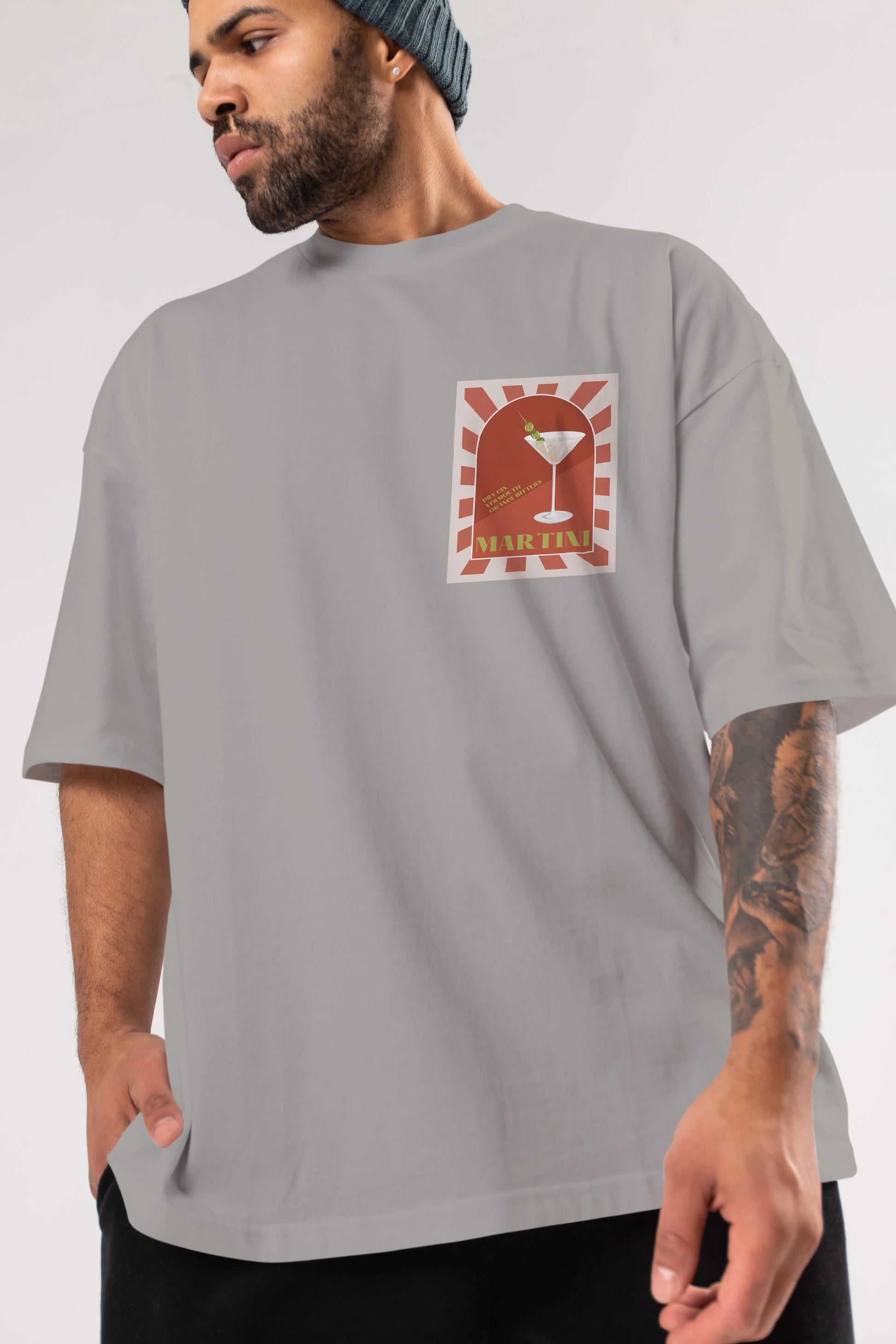 Martini 2 Ön Sol Baskılı Oversize t-shirt Erkek Kadın Unisex %100 Pamuk Bisiklet Yaka tişort