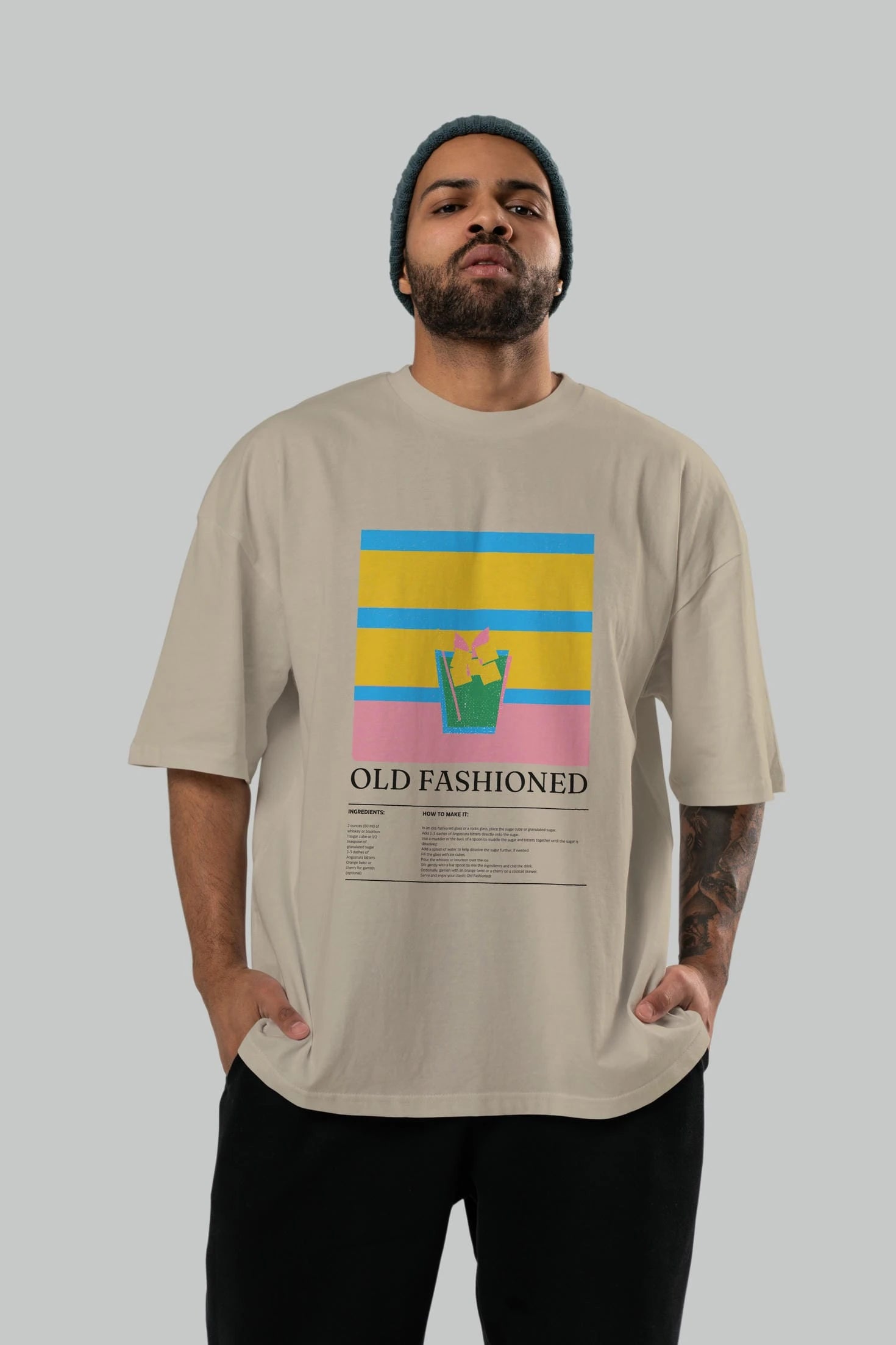 Old Fashioned Kokteyl Ön Baskılı Oversize t-shirt Erkek Kadın %100 Pamuk Bisiklet Yaka tişort
