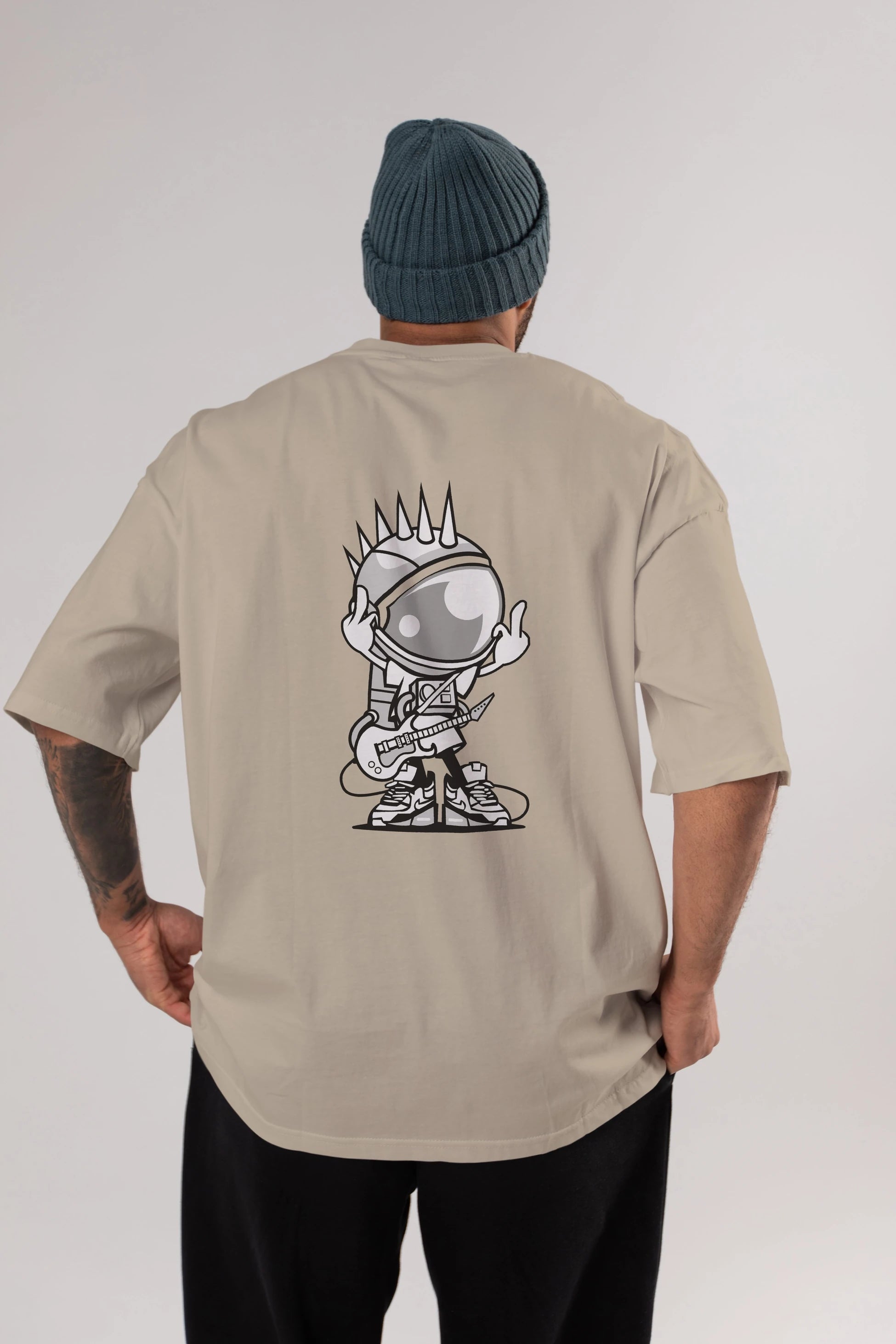 Astronaut Punk Rock Arka Baskılı Oversize t-shirt Erkek Kadın Unisex %100 Pamuk tişort