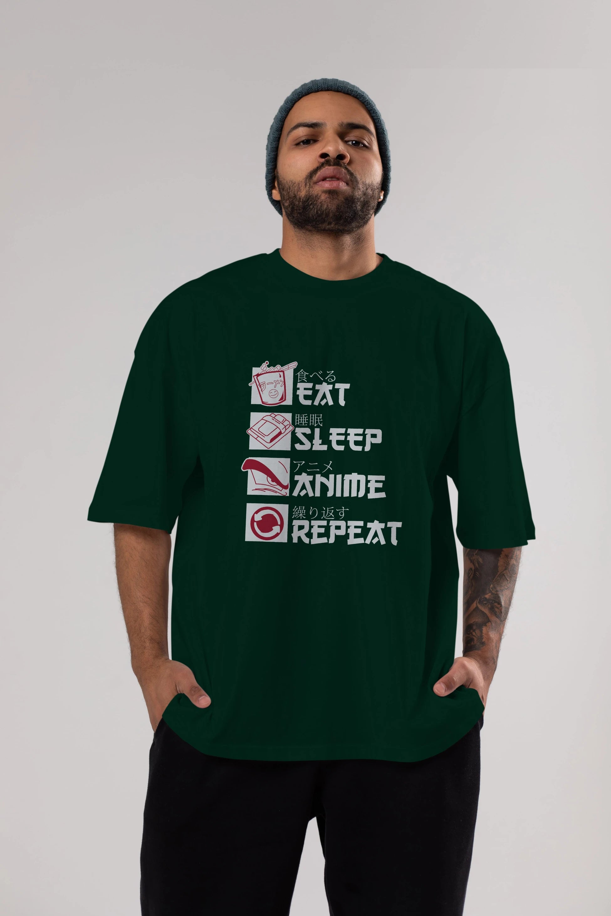 Eat, Sleep, Anime, Repeat Anime Ön Baskılı Oversize t-shirt %100 pamuk Erkek Kadın Unisex