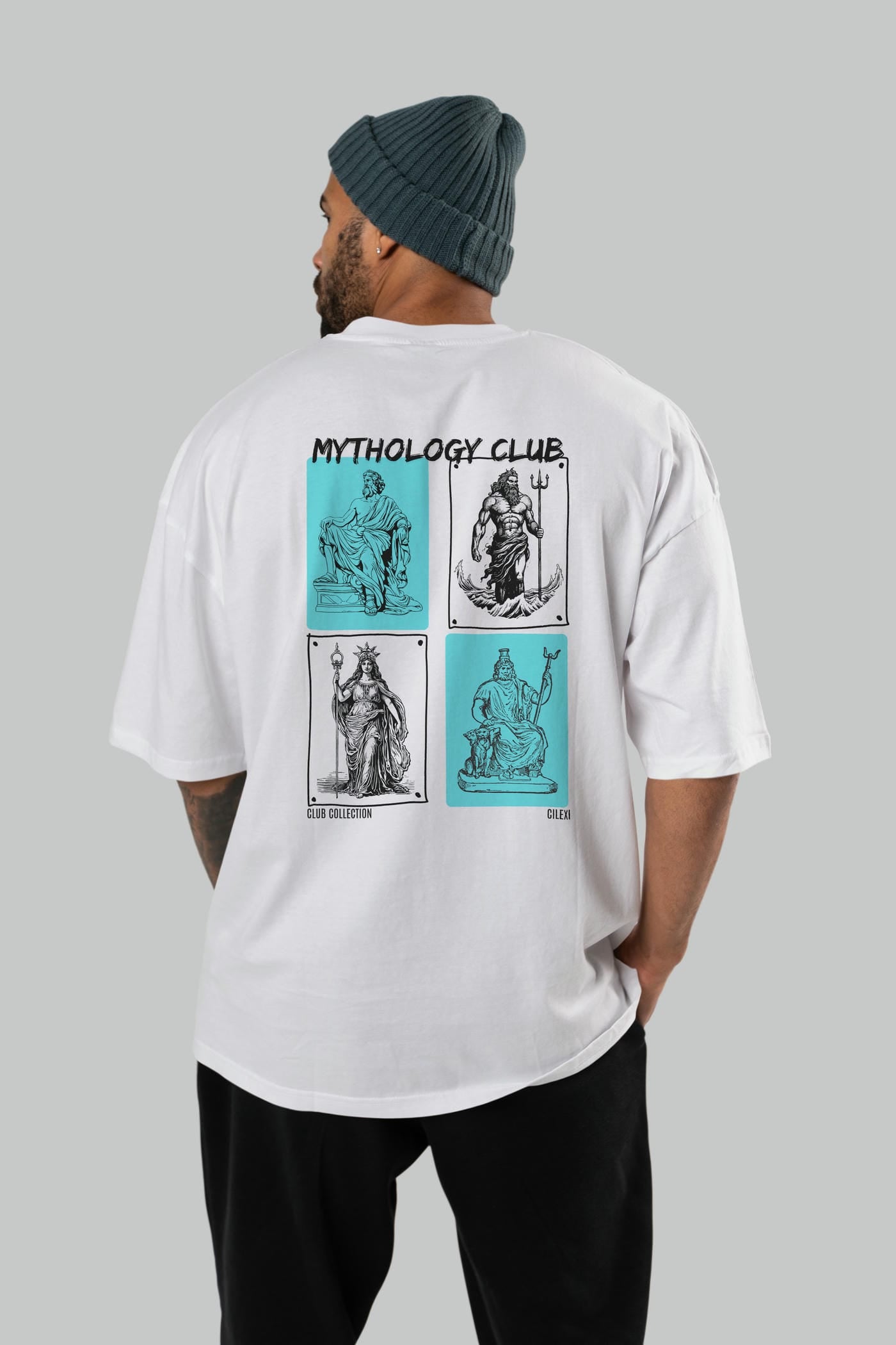 Mythology Club Arka Baskılı Oversize t-shirt Erkek Kadın %100 Pamuk Bisiklet Yaka tişort