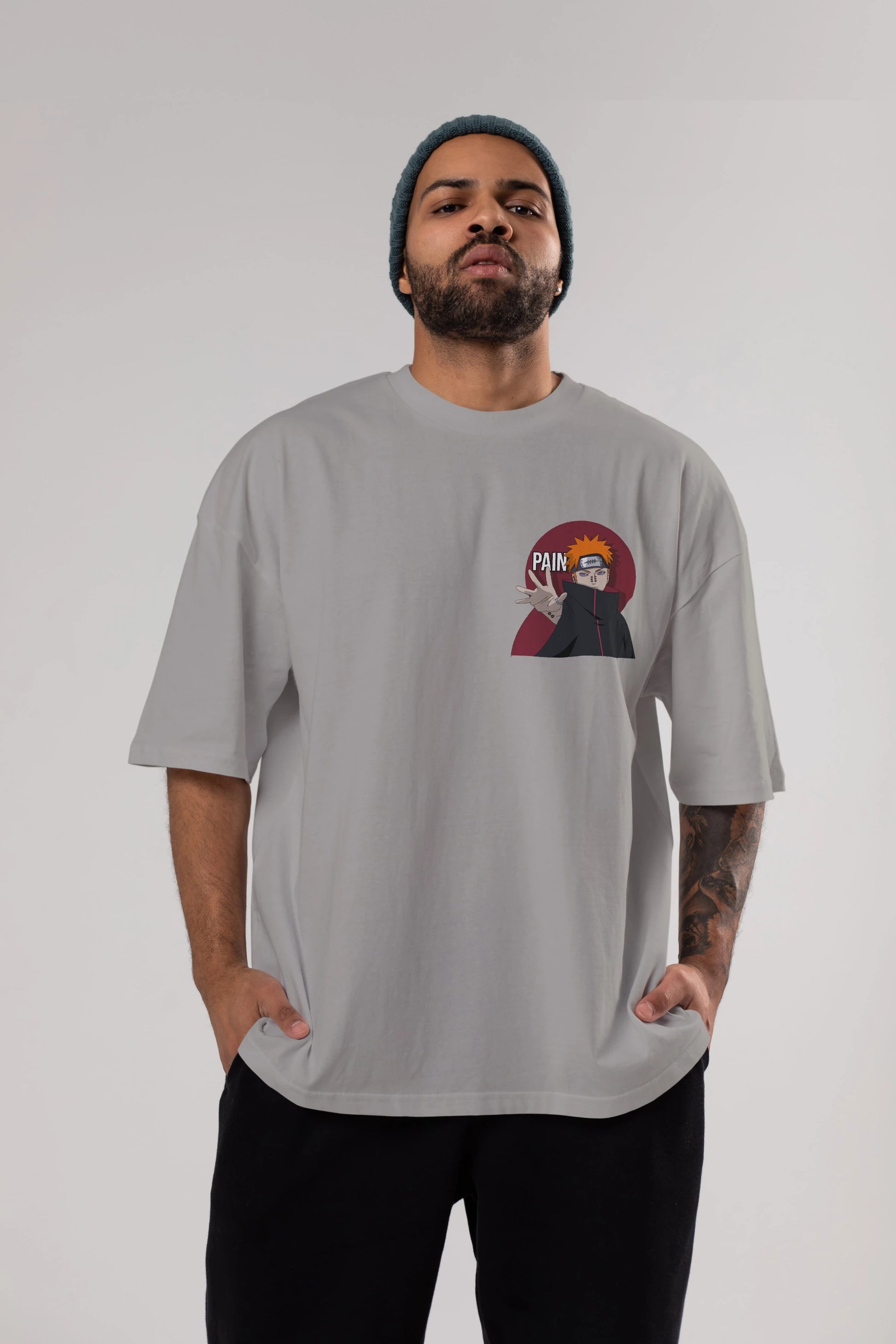 PAIN NARUTO Ön Sol Baskılı Oversize t-shirt Erkek Kadın Unisex %100 Pamuk Bisiklet Yaka tişort
