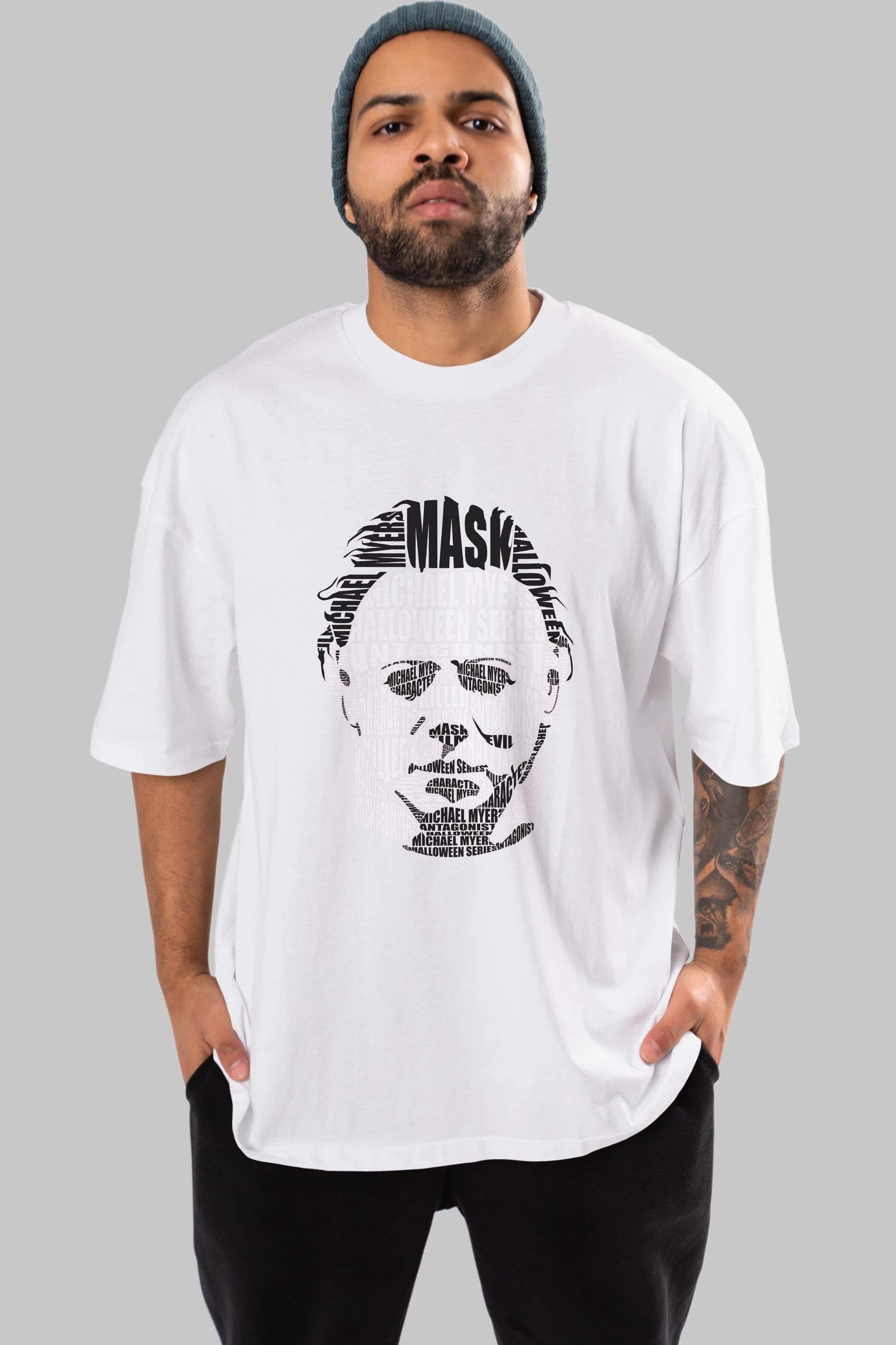 Michael Myers Calligram Ön Baskılı Oversize t-shirt %100 pamuk Erkek Kadın Unisex