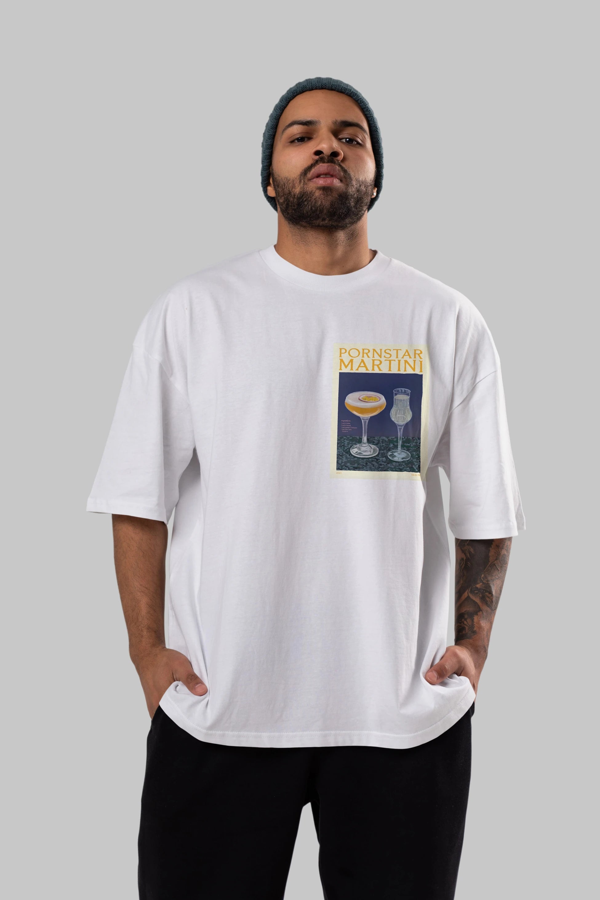 P.rnstar Martini Ön Sol Baskılı Oversize t-shirt Erkek Kadın Unisex %100 Pamuk Bisiklet Yaka tişort